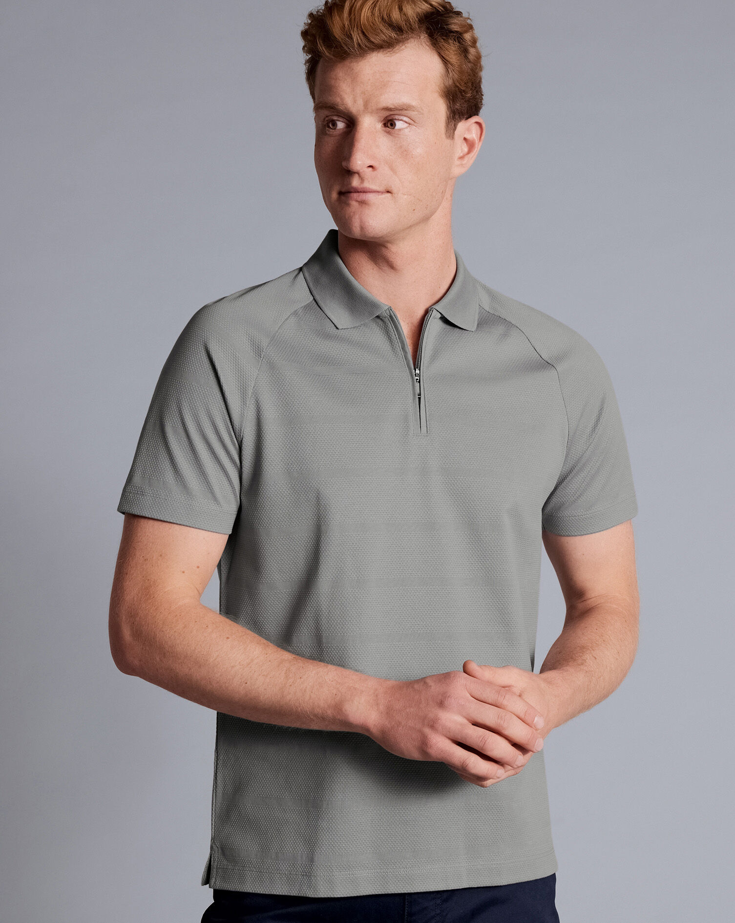 Popcorn Textured Tyrwhitt Cool Zip-Neck Polo - Silver Grey