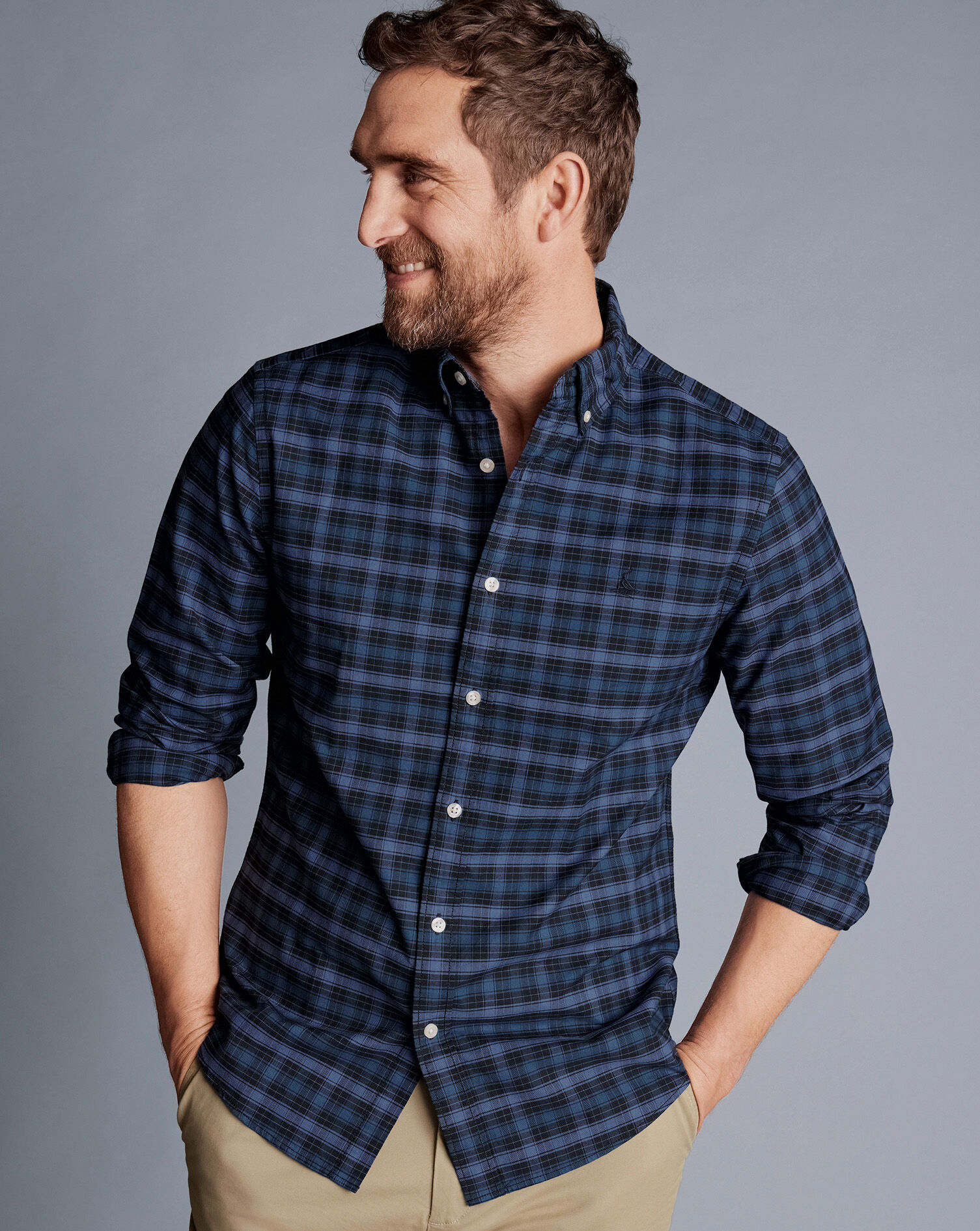 Button-Down Collar Washed Oxford Check Shirt - Indigo Blue