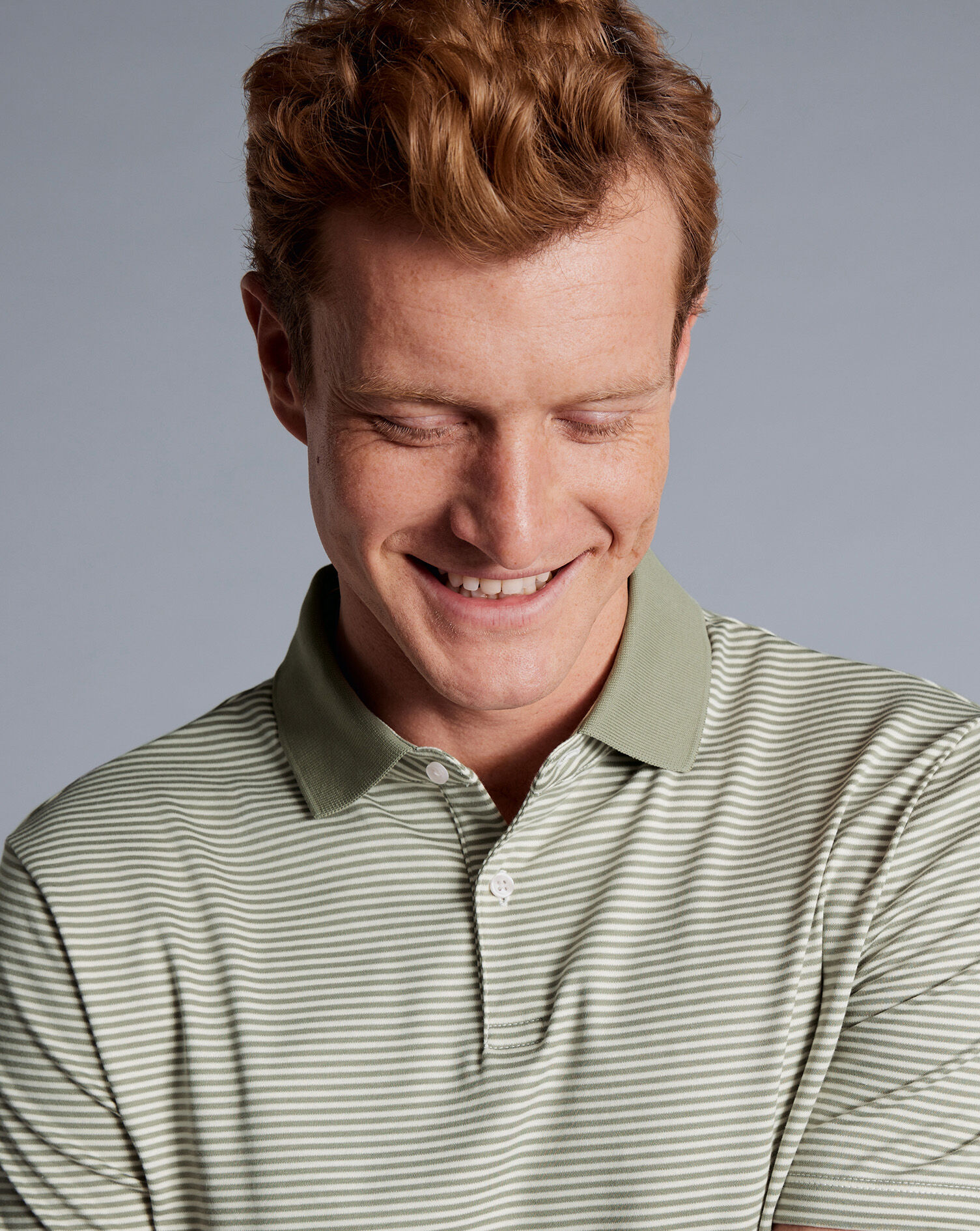 Fine Stripe Jersey Polo - Sage Green & Ecru