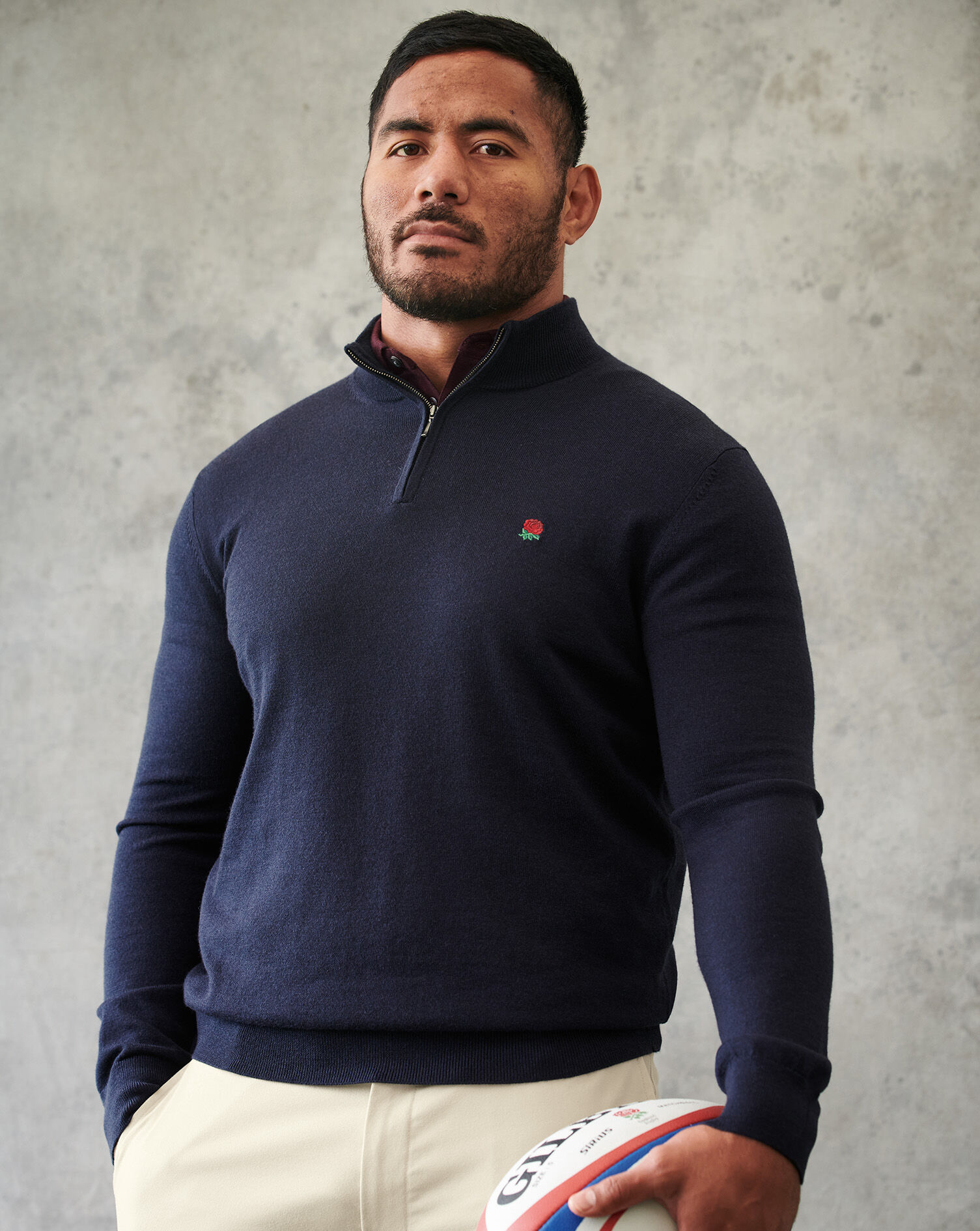 England Rugby Red Rose Merino Zip Neck Sweater  - Navy