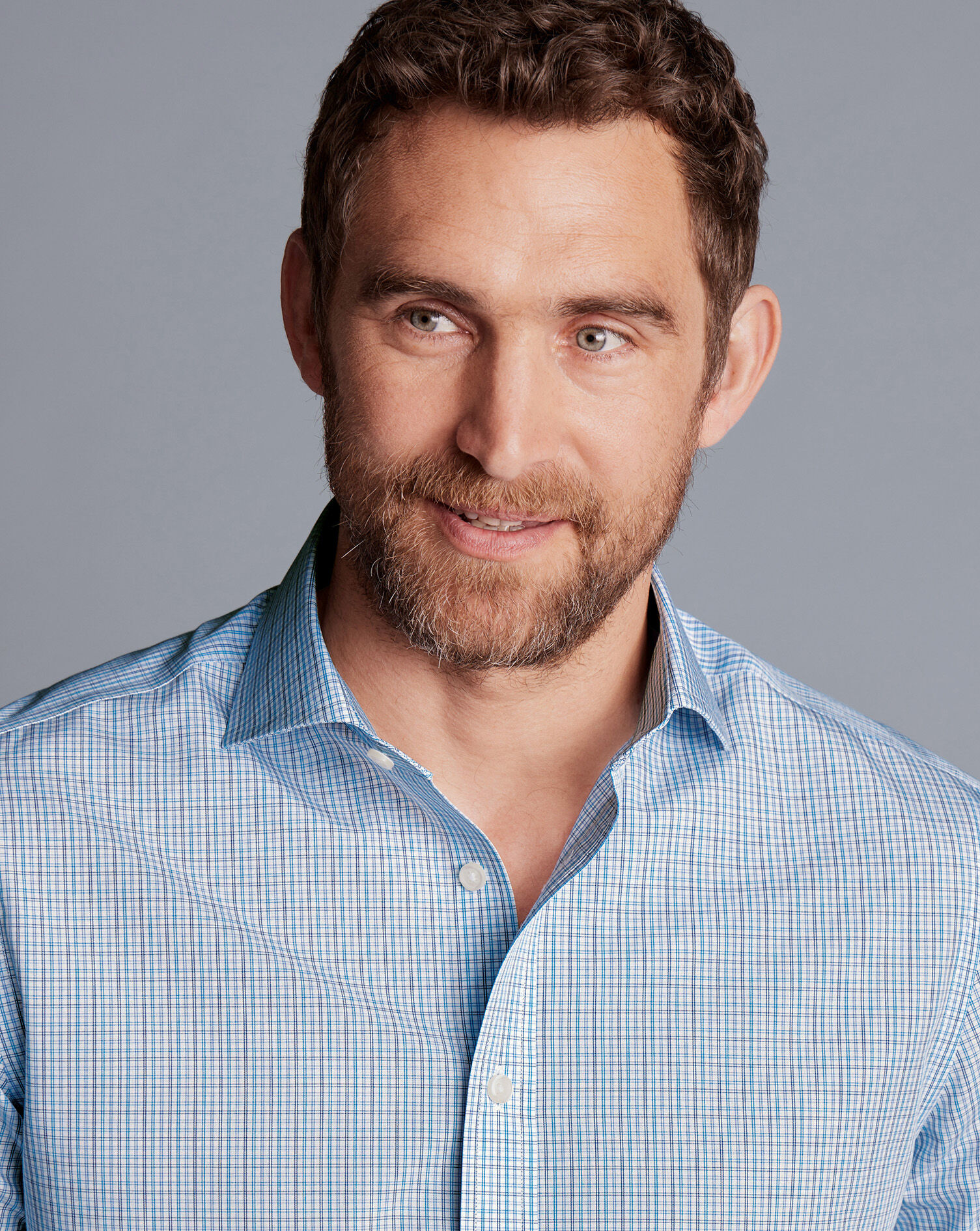 Spread Collar Non-Iron Fine Line Check Shirt - Ocean Blue