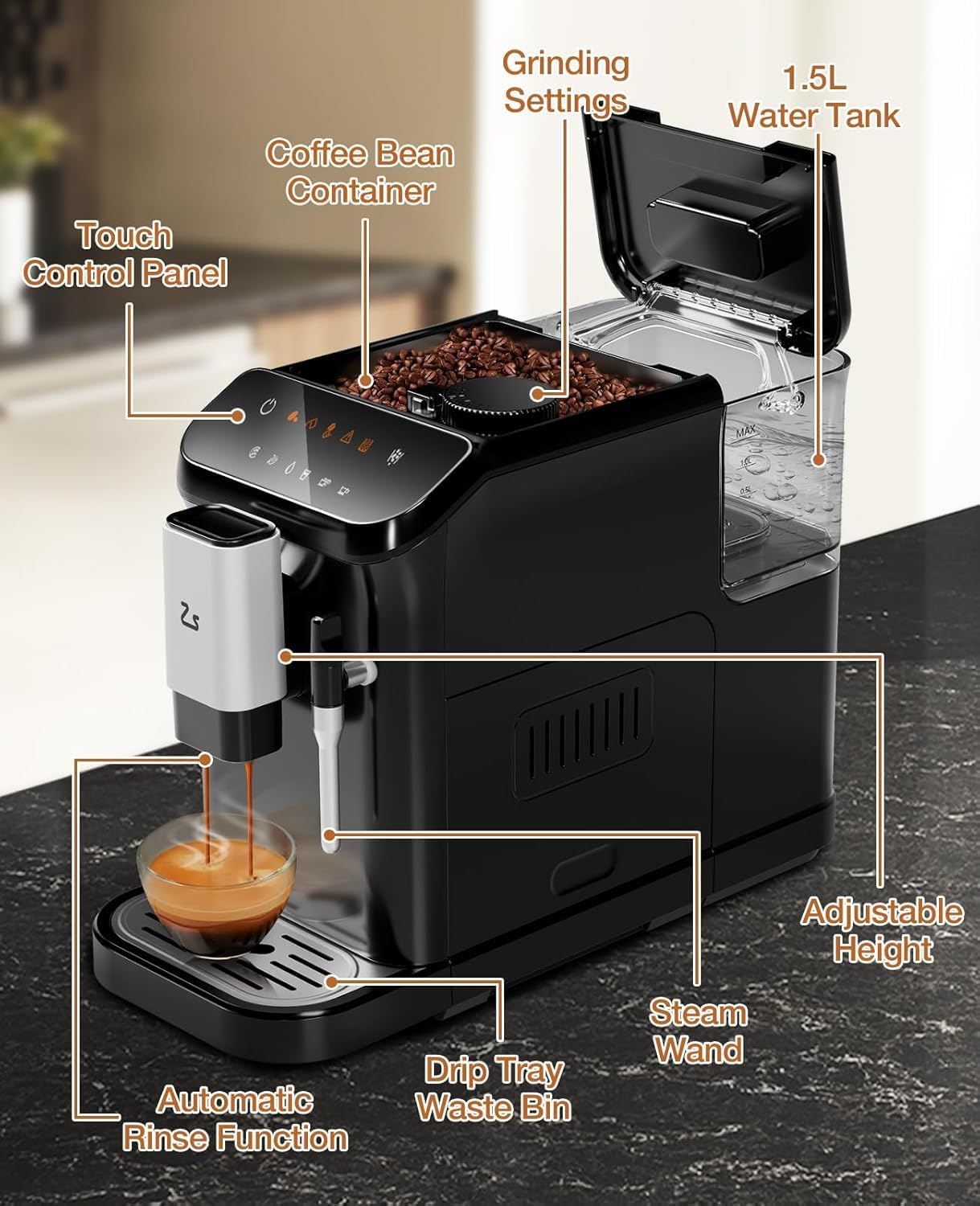 Fully Automatic Espresso Machine With Grinder,Expresso Coffee Maker Machines With Milk Frother, Auto-Cleaning,One-Touch Operation for Latte, Cappuccino, and Macchiato
