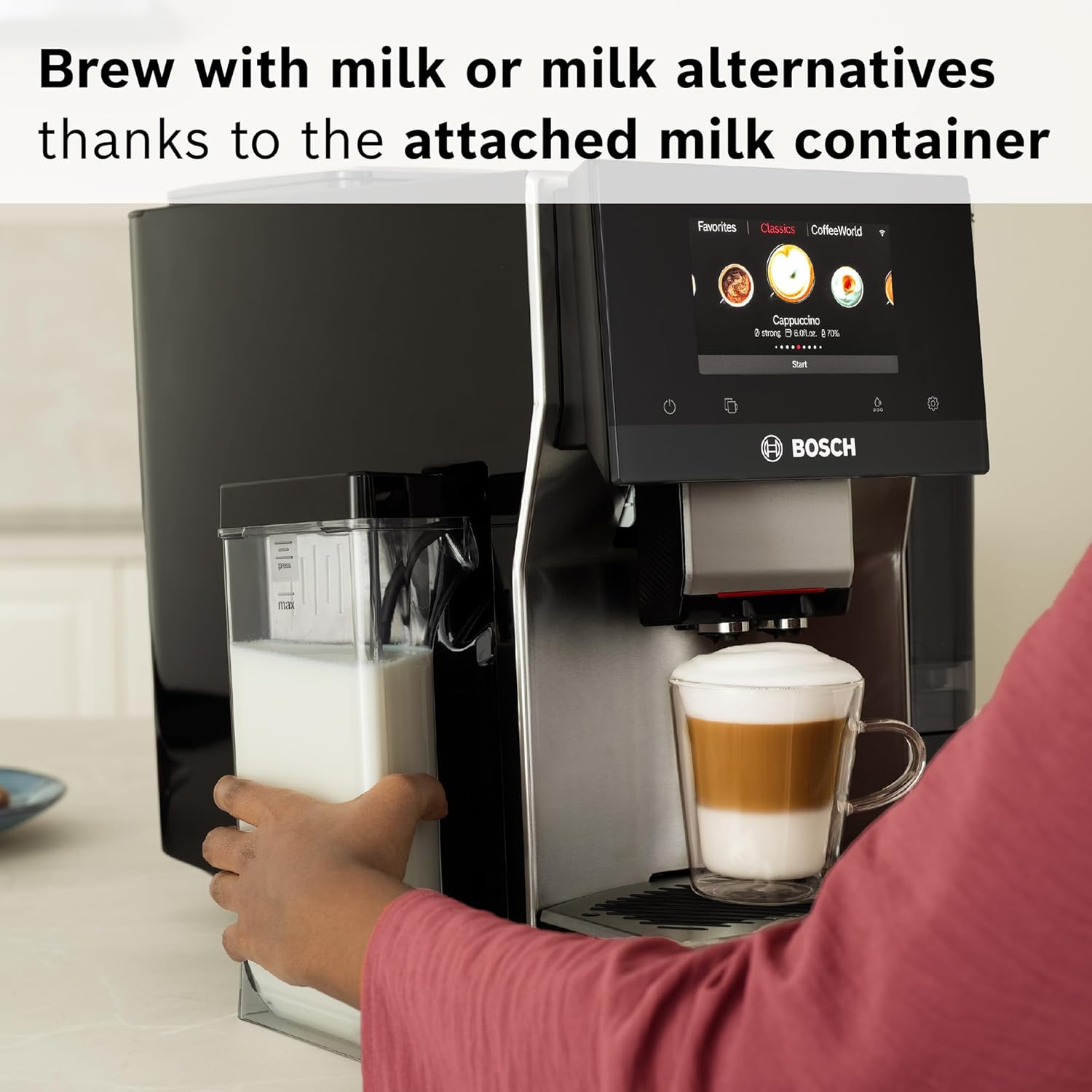 Bosch 800 Series Fully Automatic Espresso Machine – 36 Drinks with Coffee World, Cold Brew, Double Cup, Integrated Milk Container, Smart Features, in Silver TQU60307