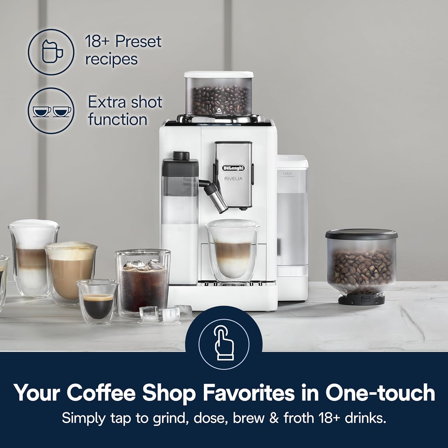De'Longhi Rivelia Automatic Espresso Machine with Grinder & Milk Frother – All-in-One Coffee Maker, Hot & Iced Latte, Cappuccino, Bean Switch System, Burr Grinder, Compact Italian Design, Black