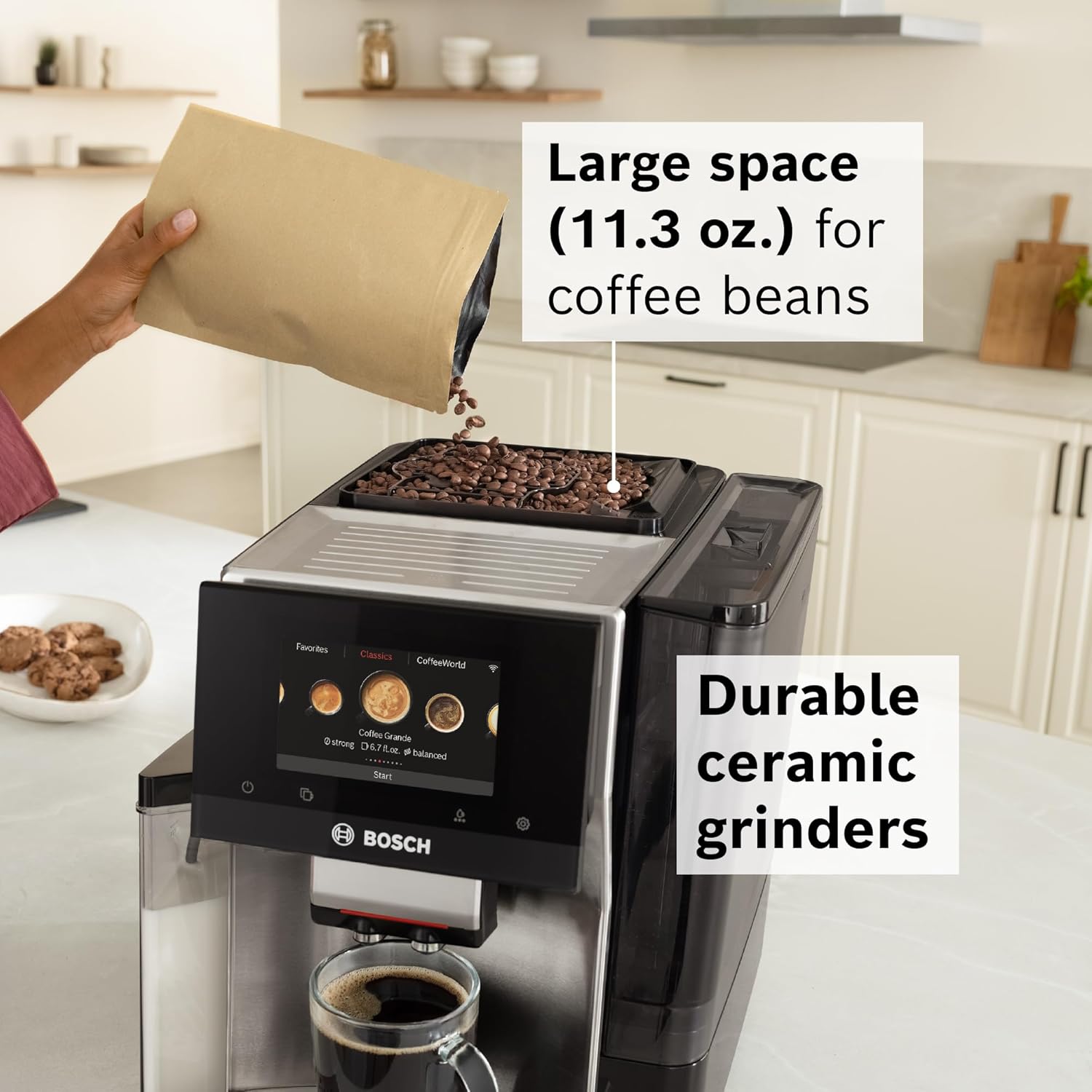 Bosch 800 Series Fully Automatic Espresso Machine – 36 Drinks with Coffee World, Cold Brew, Double Cup, Integrated Milk Container, Smart Features, in Silver TQU60307