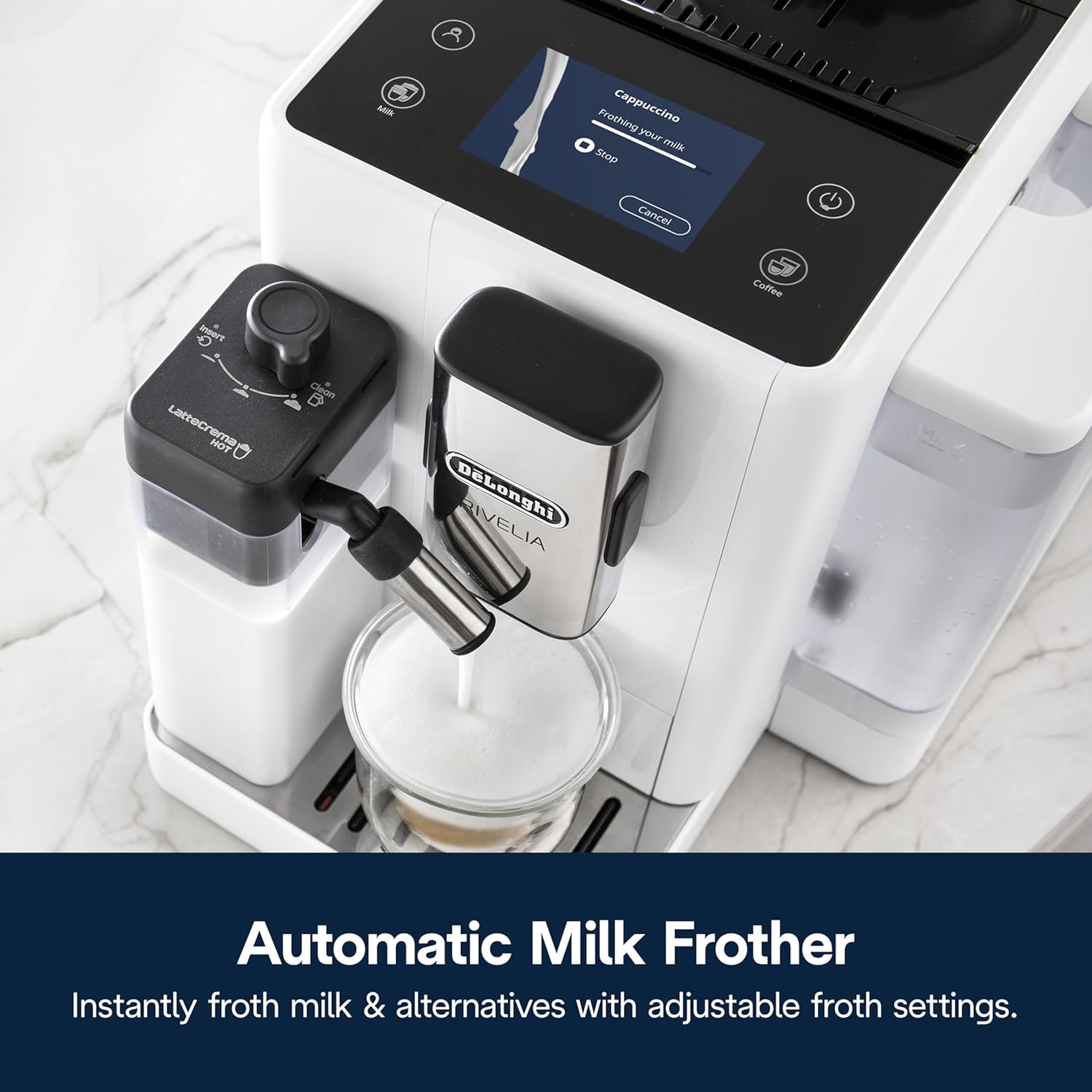 De'Longhi Rivelia Automatic Espresso Machine with Grinder & Milk Frother – All-in-One Coffee Maker, Hot & Iced Latte, Cappuccino, Bean Switch System, Burr Grinder, Compact Italian Design, Black