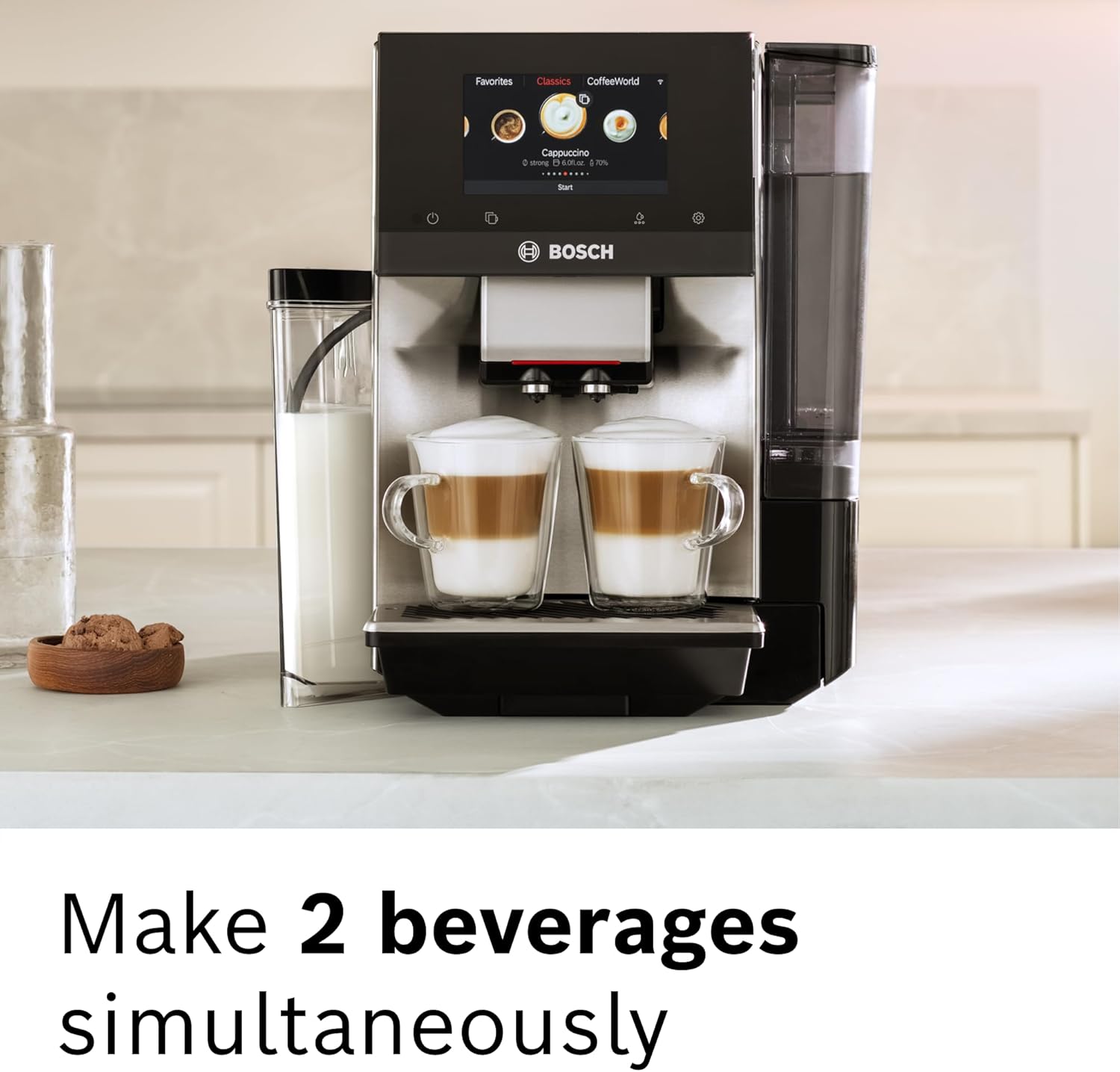 Bosch 800 Series Fully Automatic Espresso Machine – 36 Drinks with Coffee World, Cold Brew, Double Cup, Integrated Milk Container, Smart Features, in Silver TQU60307