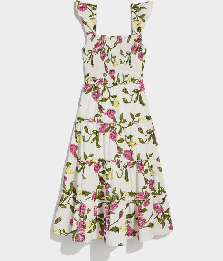 Kentucky Derby Flutter Sleeve Smocked Floral Midi Dress