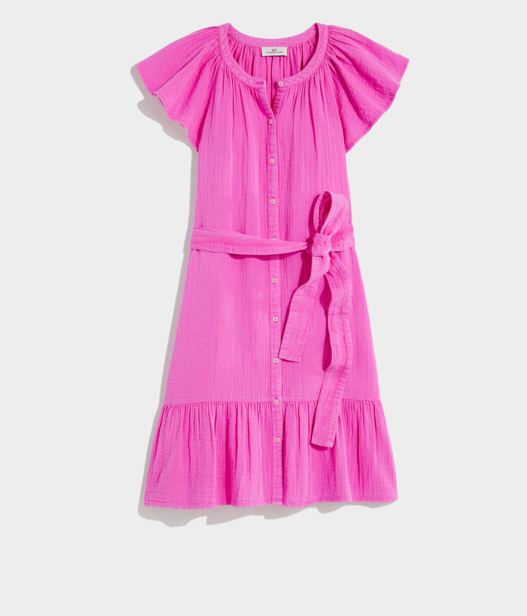Seastitch Double Gauze Flutter-Sleeve Shirt Dress