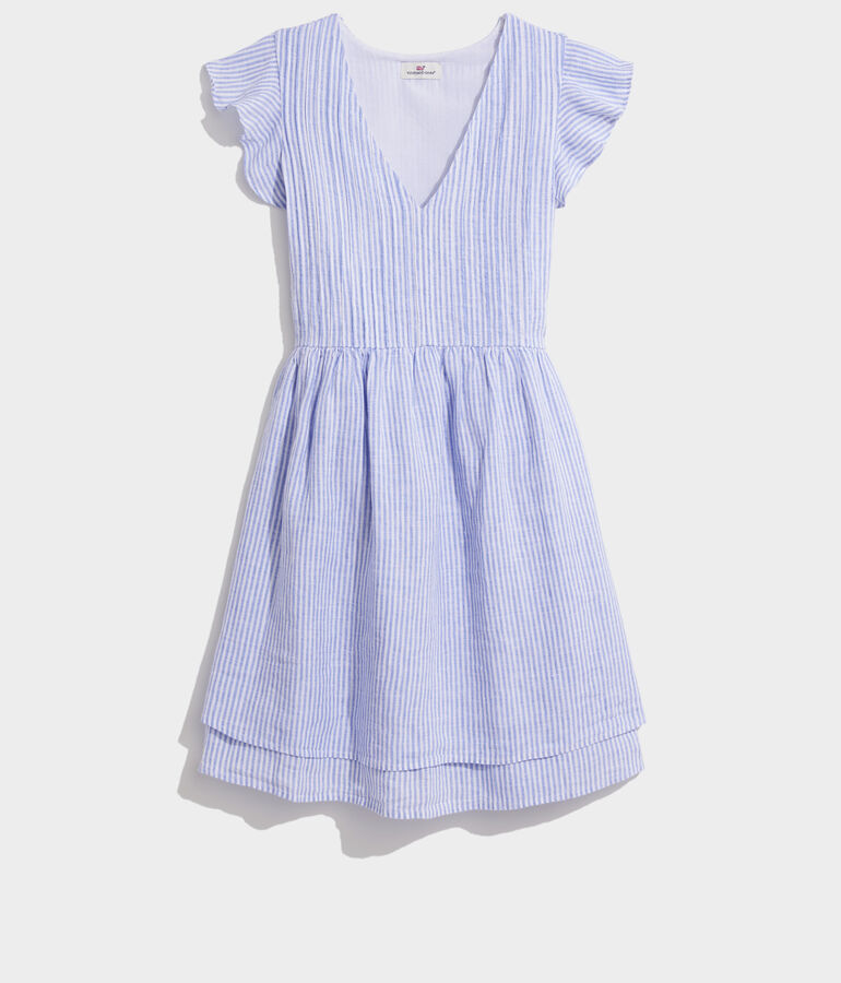 Striped Pintuck Flutter-Sleeve Dress