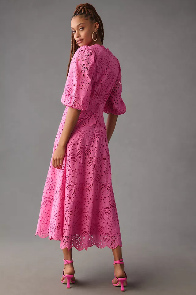 Farm Rio Scalloped Palm Eyelet Cutout Dress PINK