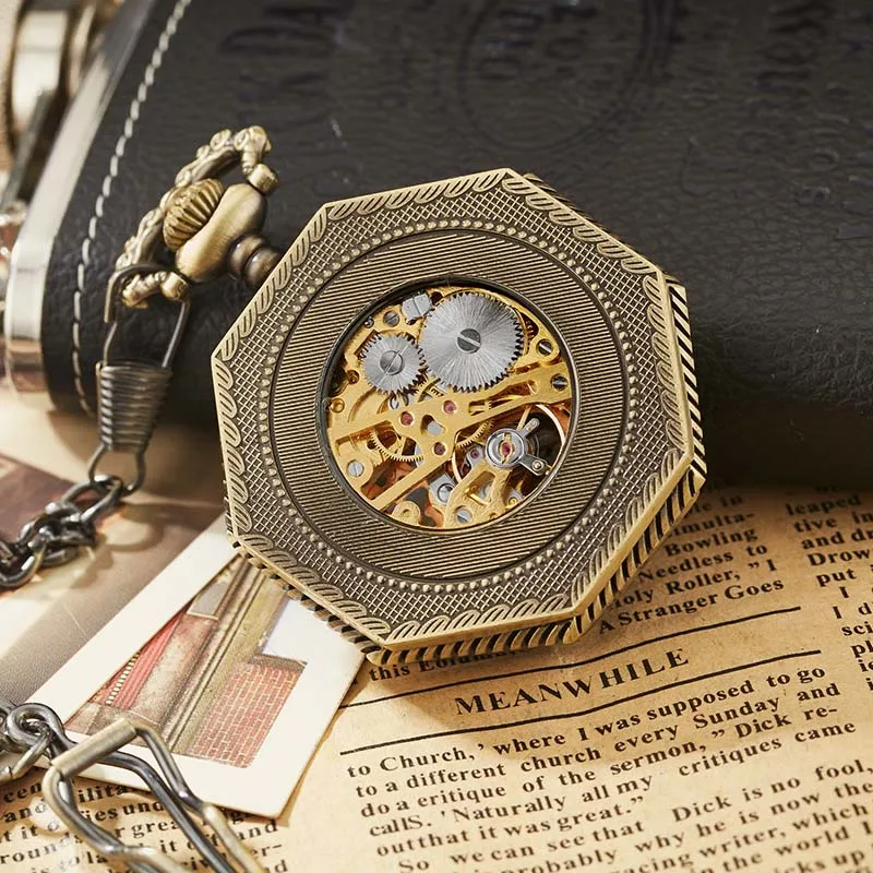 Hexagonal Mechanical Pocket Watch Golden Sliver Bronze Hollow Fob Chain With Box Men Women Lady Watches Mens Vintage Gifts