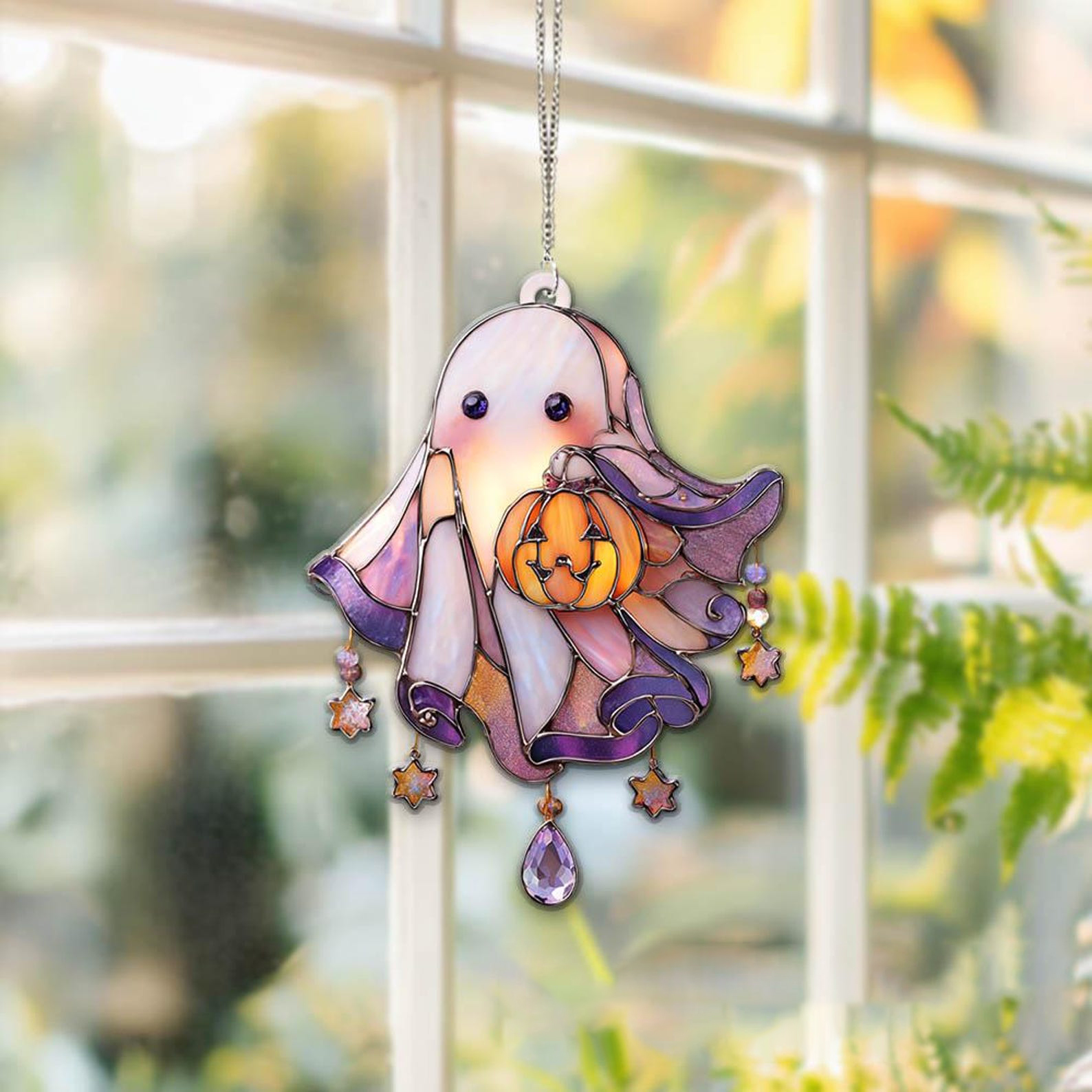 👻🎁 Adorable Ghost Acrylic Suncatcher With Pumpkin - Perfect Holiday & Special Occasion Gift!