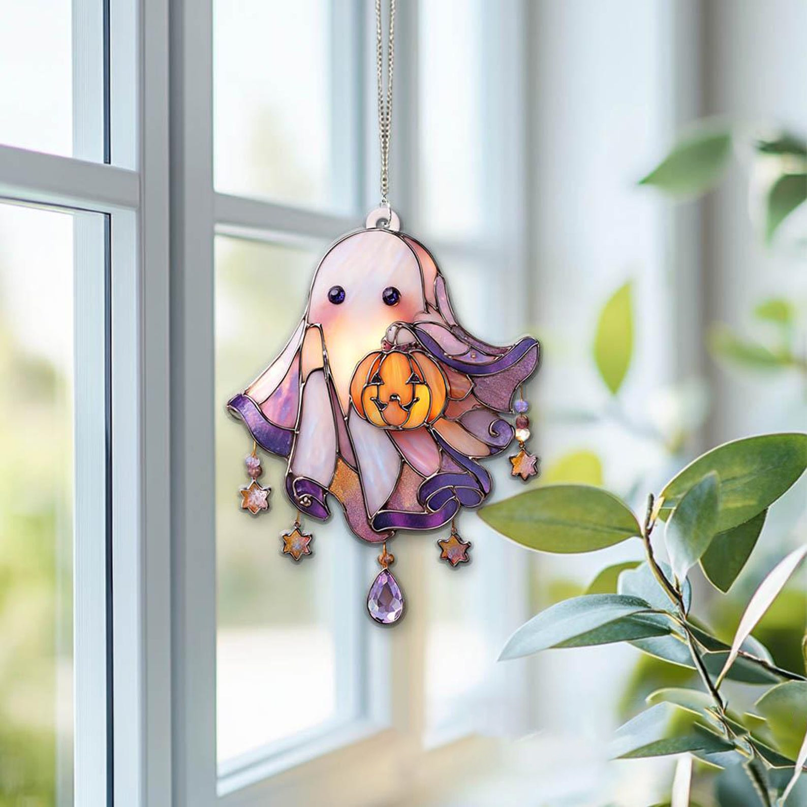 👻🎁 Adorable Ghost Acrylic Suncatcher With Pumpkin - Perfect Holiday & Special Occasion Gift!