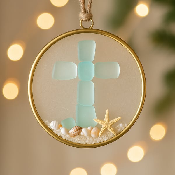 ✨Gift-Ready Sea Glass Cross Christmas Ornament - Perfect Holiday Keepsake🎄