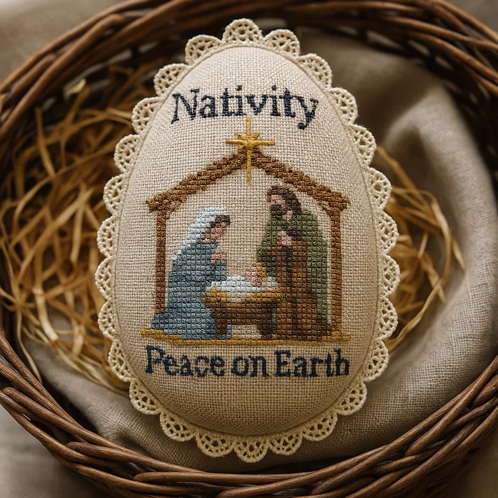 🎁✨ Nativity Cross-Stitch Egg Ornament – Perfect Holiday & Special Occasion Gift 🎄