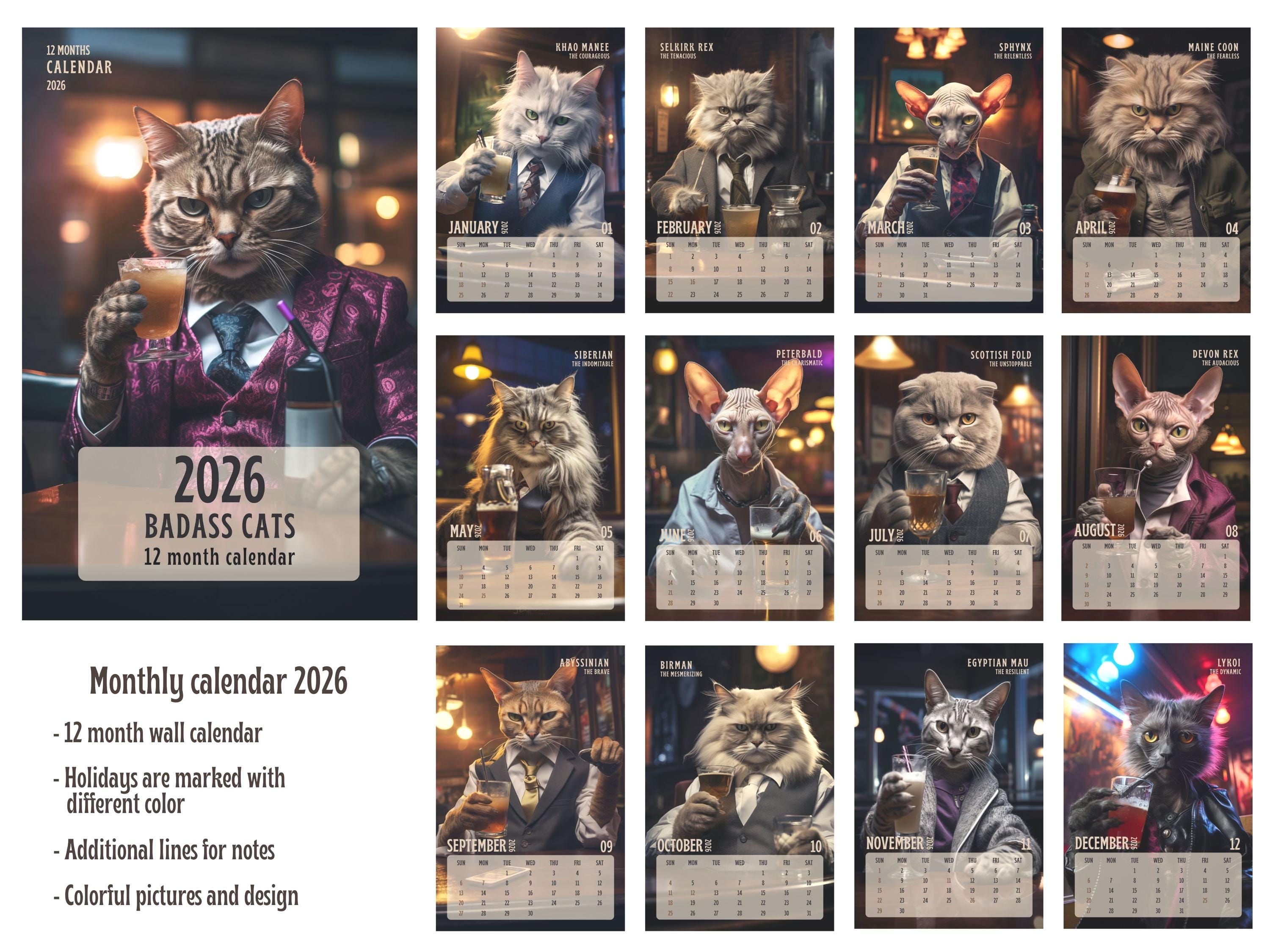 🎁📅 Badass Cats 2026 Wall Calendar - Perfect Gift for Holidays & Special Occasions!