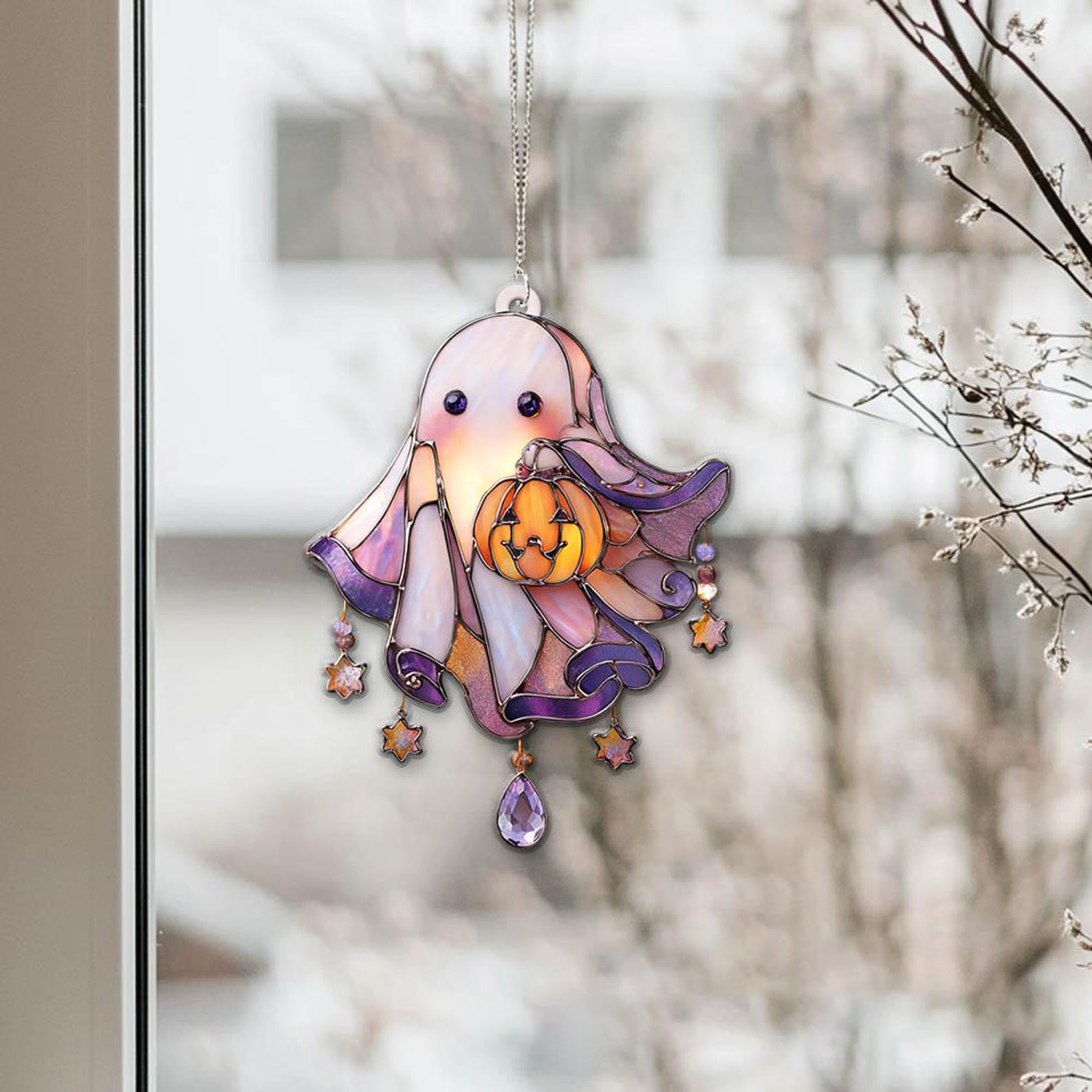 👻🎁 Adorable Ghost Acrylic Suncatcher With Pumpkin - Perfect Holiday & Special Occasion Gift!