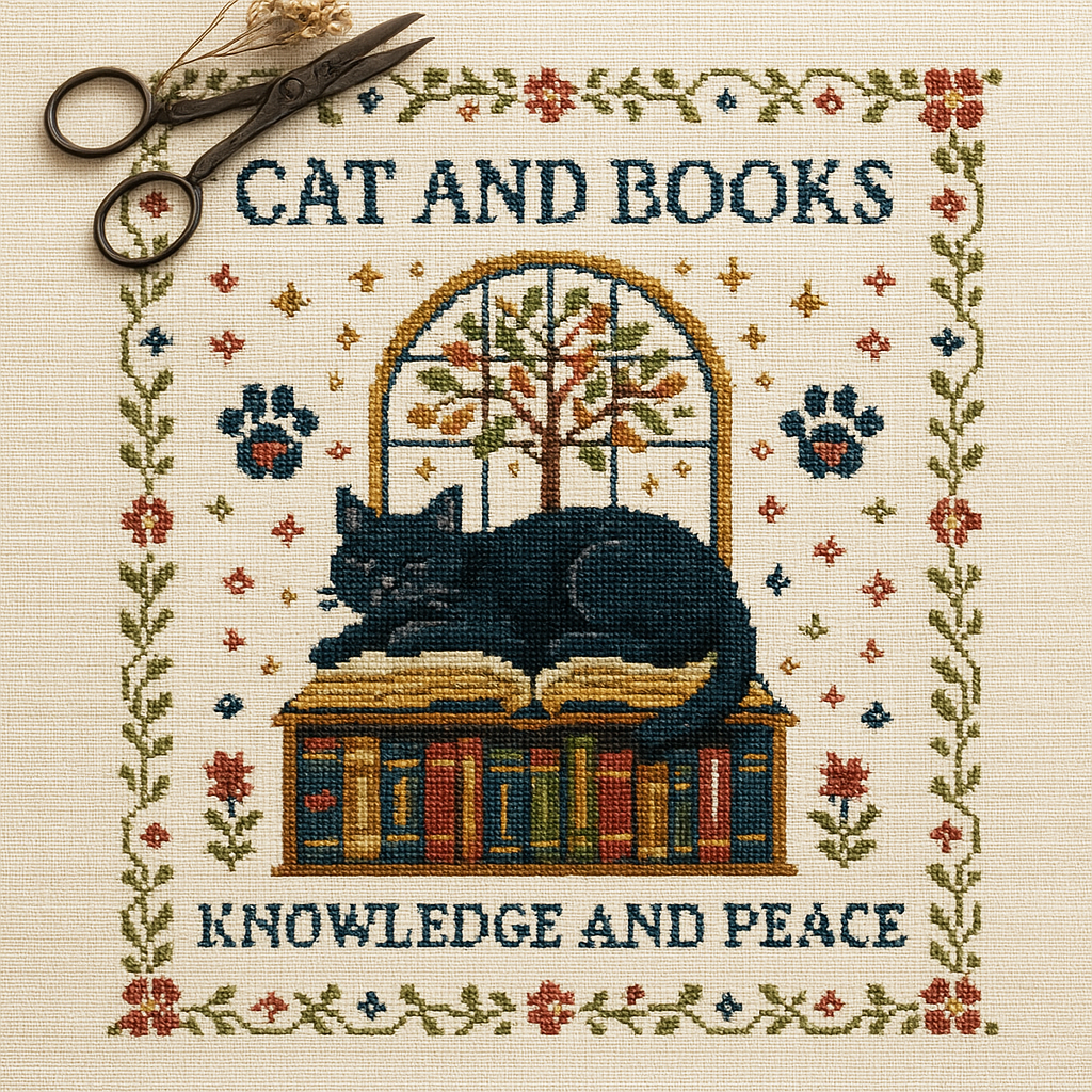 🎁📚 DIY Cat & Books Cross Stitch Kit - Perfect Gift for Holidays & Special Occasions
