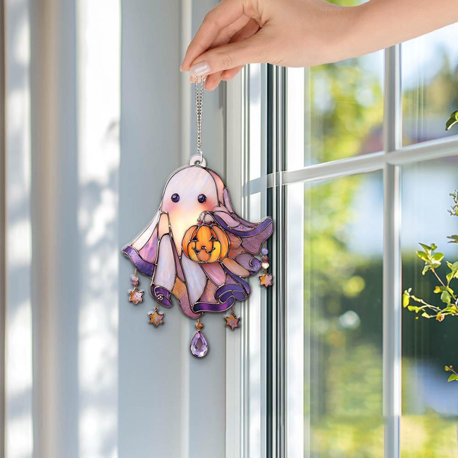 👻🎁 Adorable Ghost Acrylic Suncatcher With Pumpkin - Perfect Holiday & Special Occasion Gift!