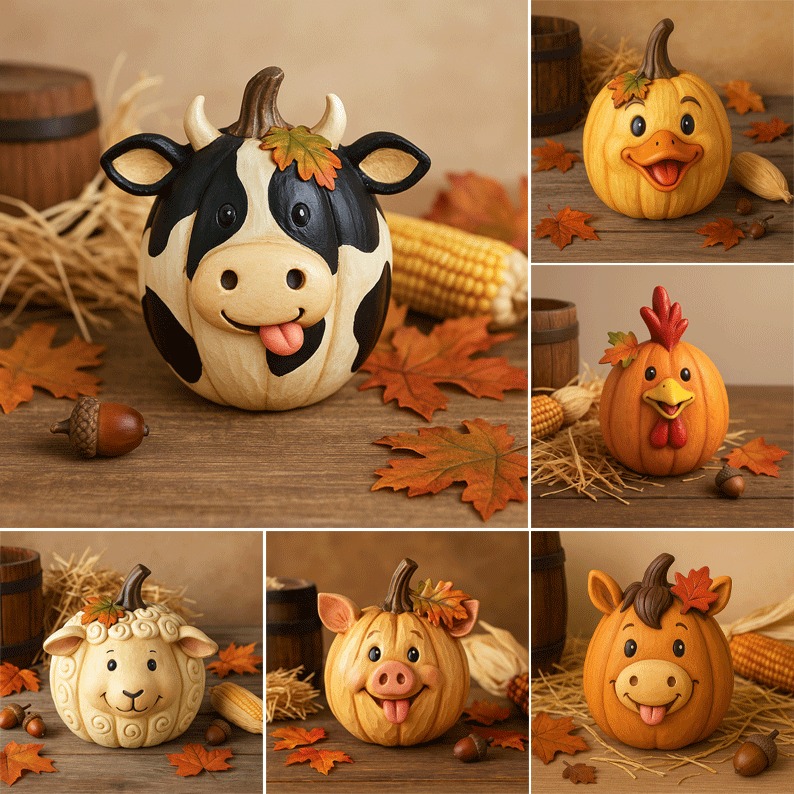 🐮🎁 Adorable Farm Animal Pumpkin Figurines - Perfect Holiday & Special Occasion Gift!