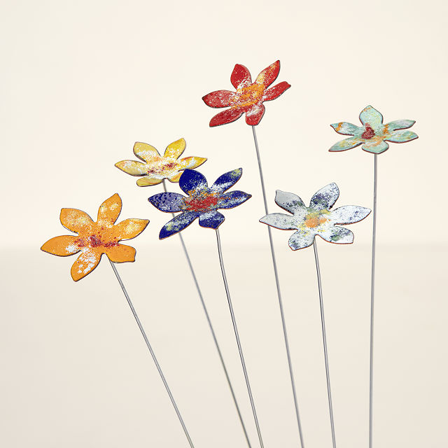 Copper Enamel Flower Stake Set