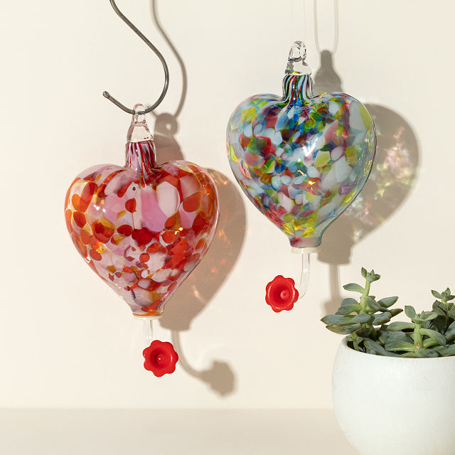Hand-Blown Heart Hummingbird Feeder
