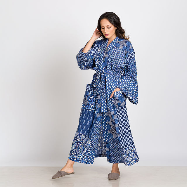 Patchwork Print Indigo Robe