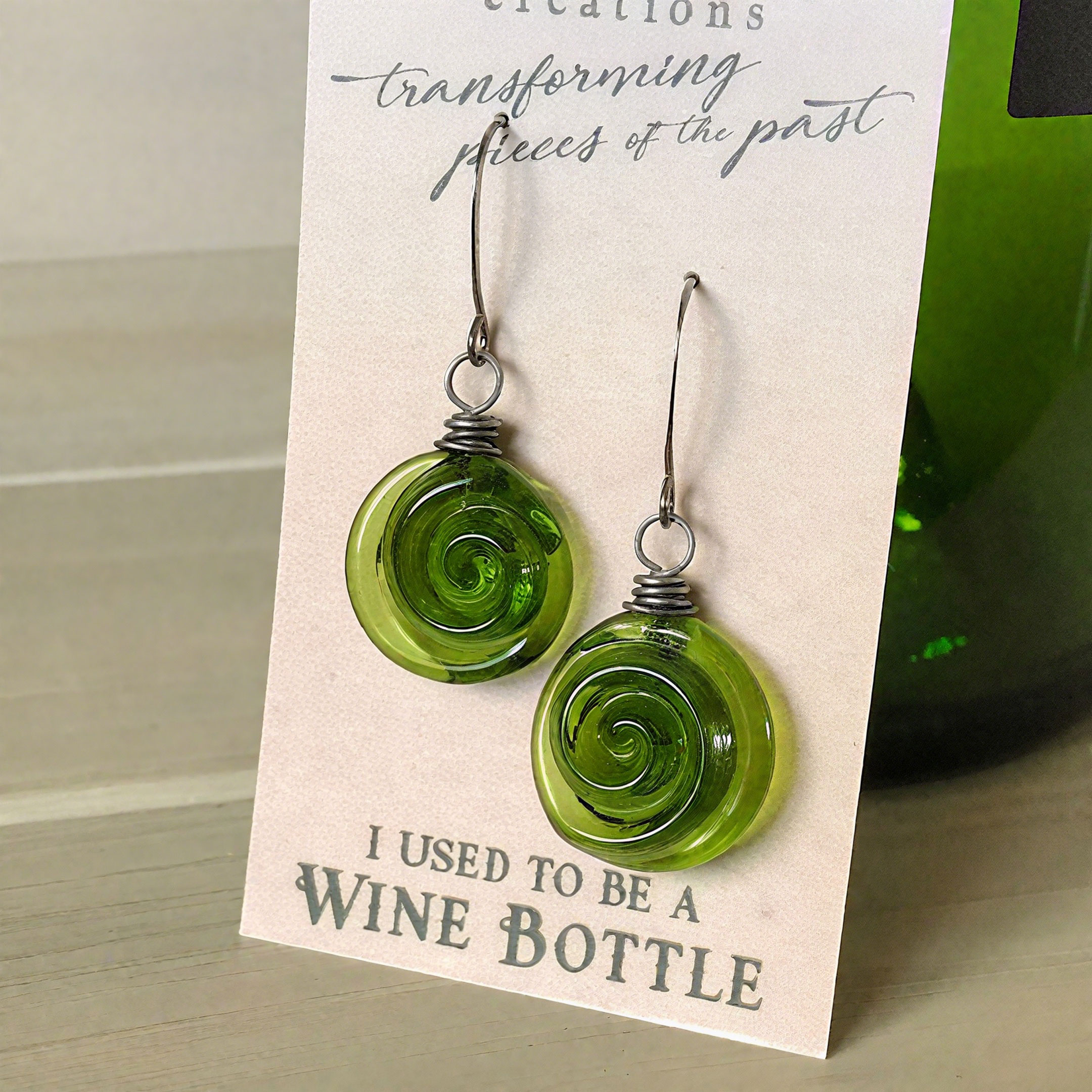 ✨ Recycled Wine Bottle Glass Earrings: Handmade Spiral Dangles – Perfect Holiday Gift! 🎁