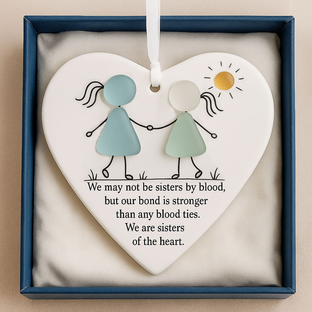 💙✨ Heart-Shaped Sisters Sea Glass Ornament – Perfect Gift for Holidays & Special Occasions