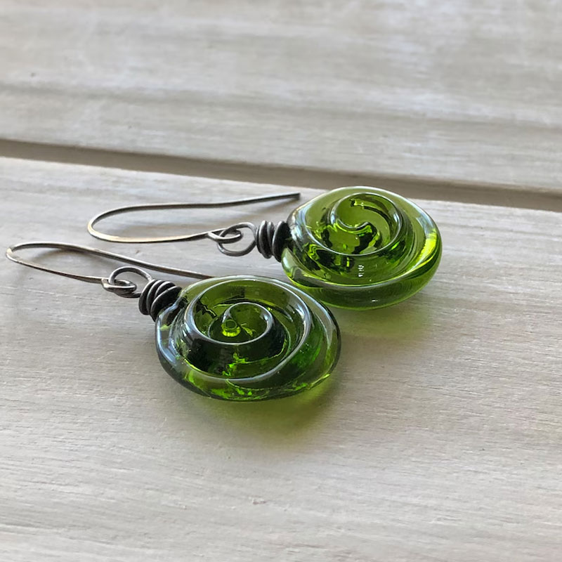 ✨ Recycled Wine Bottle Glass Earrings: Handmade Spiral Dangles – Perfect Holiday Gift! 🎁