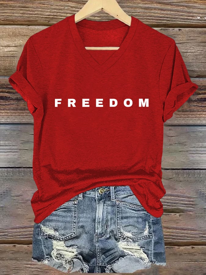 🎁✨ Freedom Print V-Neck T-Shirt for Women - Perfect Gift for Holidays & Special Occasions