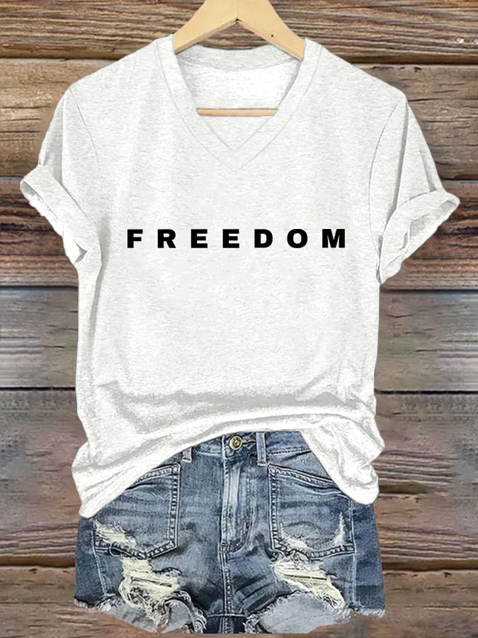 🎁✨ Freedom Print V-Neck T-Shirt for Women - Perfect Gift for Holidays & Special Occasions