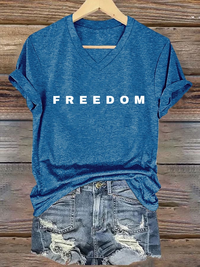 🌟 Women's Freedom Print V Neck T-Shirt - Perfect Gift for Holidays & Special Occasions! 💝