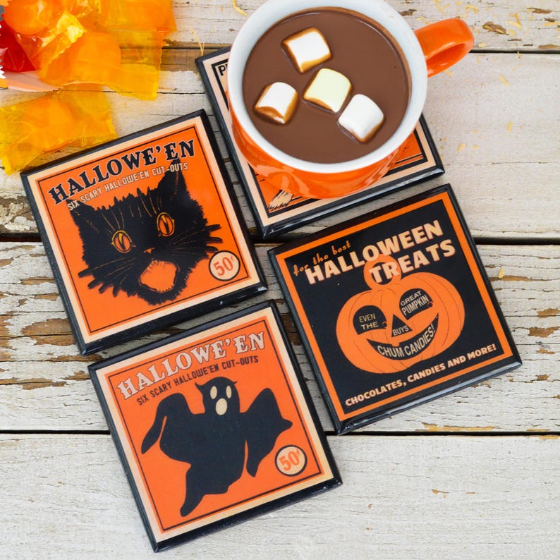 🎃✨ Vintage Halloween Coasters Set (4pcs) - Perfect Holiday & Special Occasion Gift!