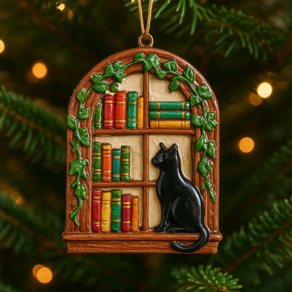 🎄📚 Black Cat & Bookshelf Christmas Ornament – Perfect Holiday & Gift Occasion Keepsake