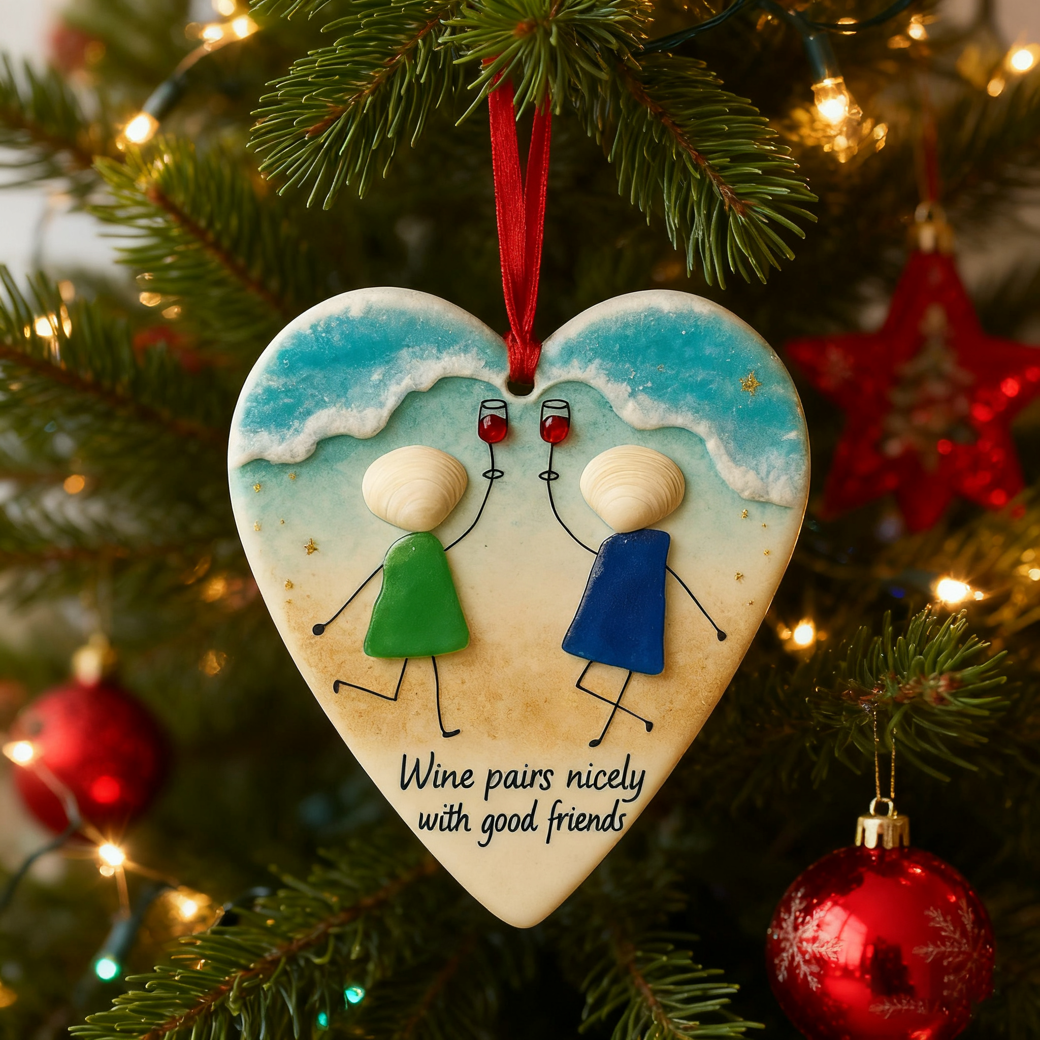 Wine & Friends Seaglass Ornament 🎁✨ Perfect Gift for Holidays & Special Occasions