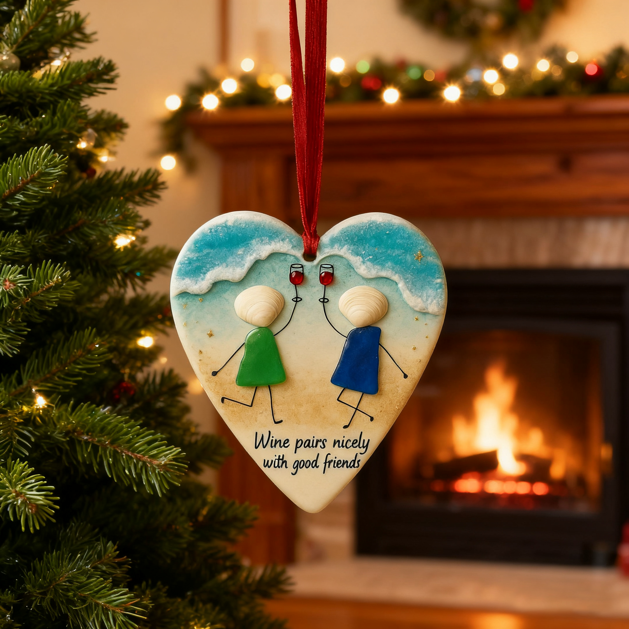 Wine & Friends Seaglass Ornament 🎁✨ Perfect Gift for Holidays & Special Occasions