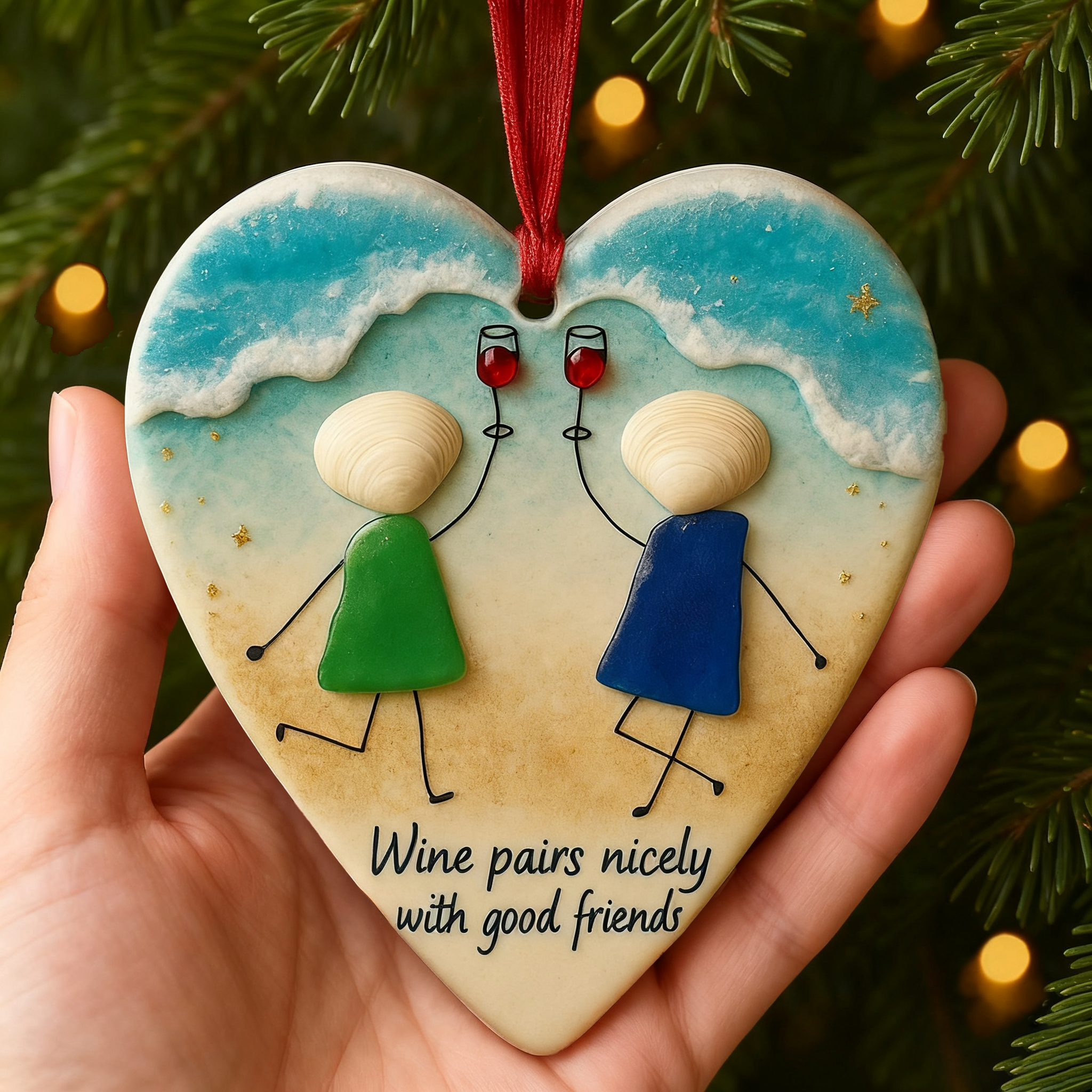Wine & Friends Seaglass Ornament 🎁✨ Perfect Gift for Holidays & Special Occasions