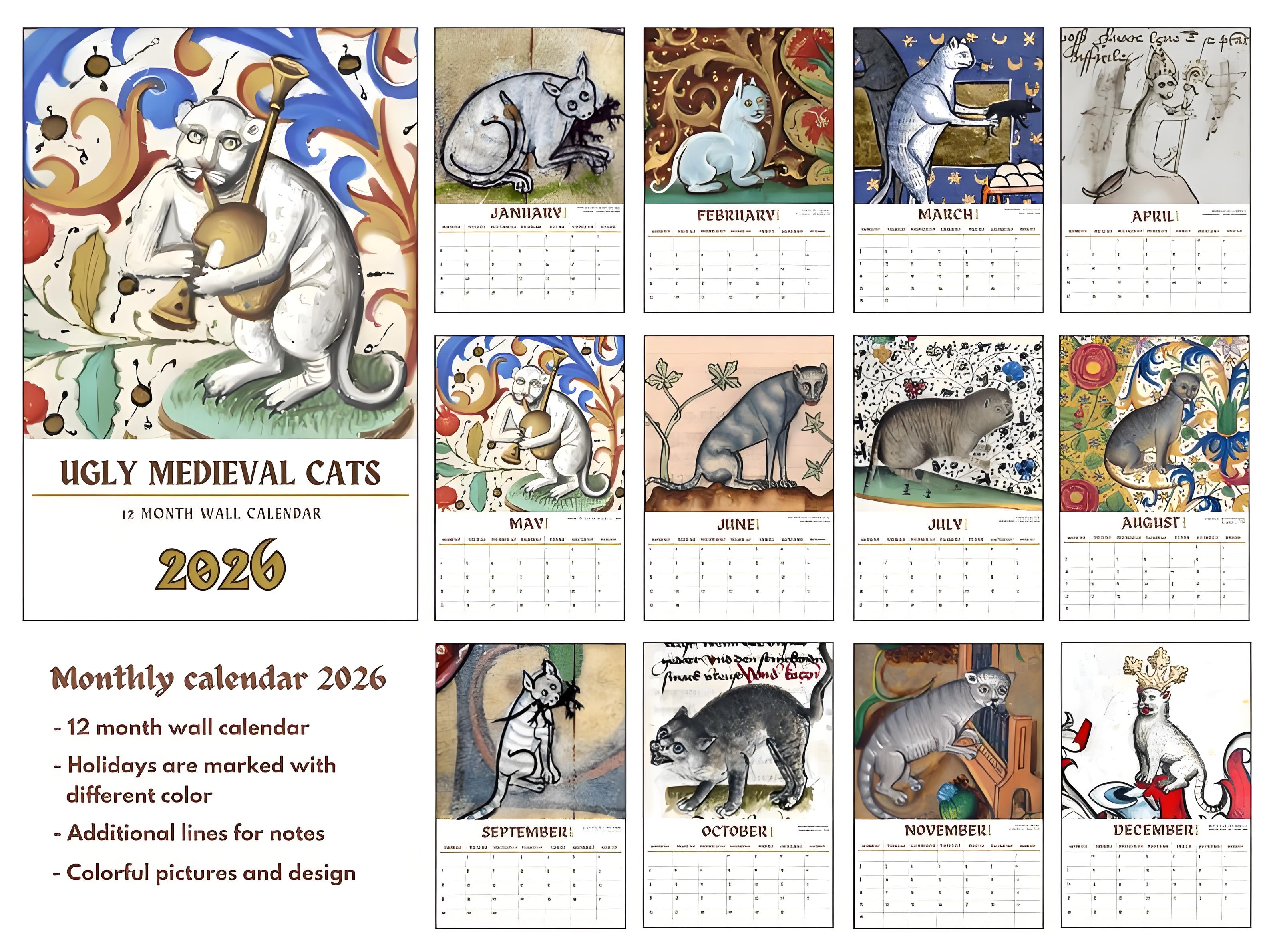 Ugly Medieval Cats 2026 Wall Calendar 🎁📅 – Perfect Holiday & Special Occasion Gift!