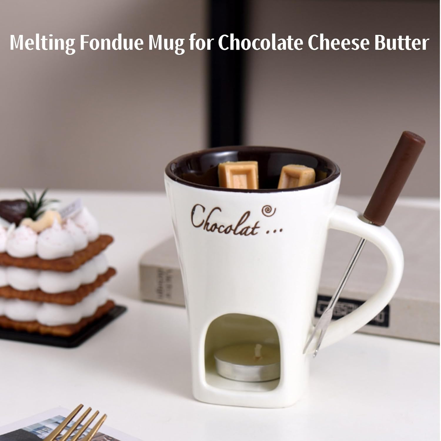 🍫🎁 Chocolate Fondue Mug Set – Perfect Gift for Holidays & Special Occasions, Includes Mini Ceramic Cup, Forks & Candle