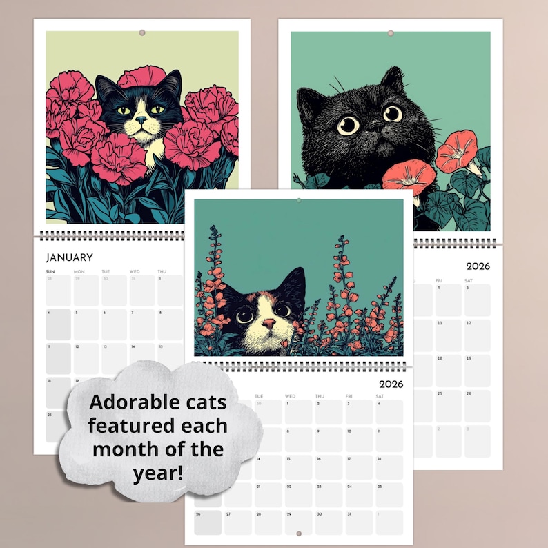 2026 Cats Chillin' with Birth Flowers Wall Calendar 🎁🐱 - Perfect Gift for Holidays & Special Occasions!
