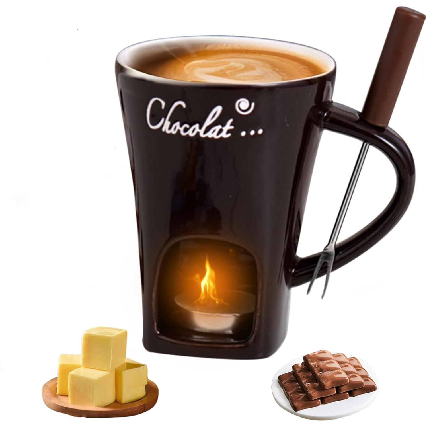 🍫🎁 Chocolate Fondue Mug Set – Perfect Gift for Holidays & Special Occasions, Includes Mini Ceramic Cup, Forks & Candle