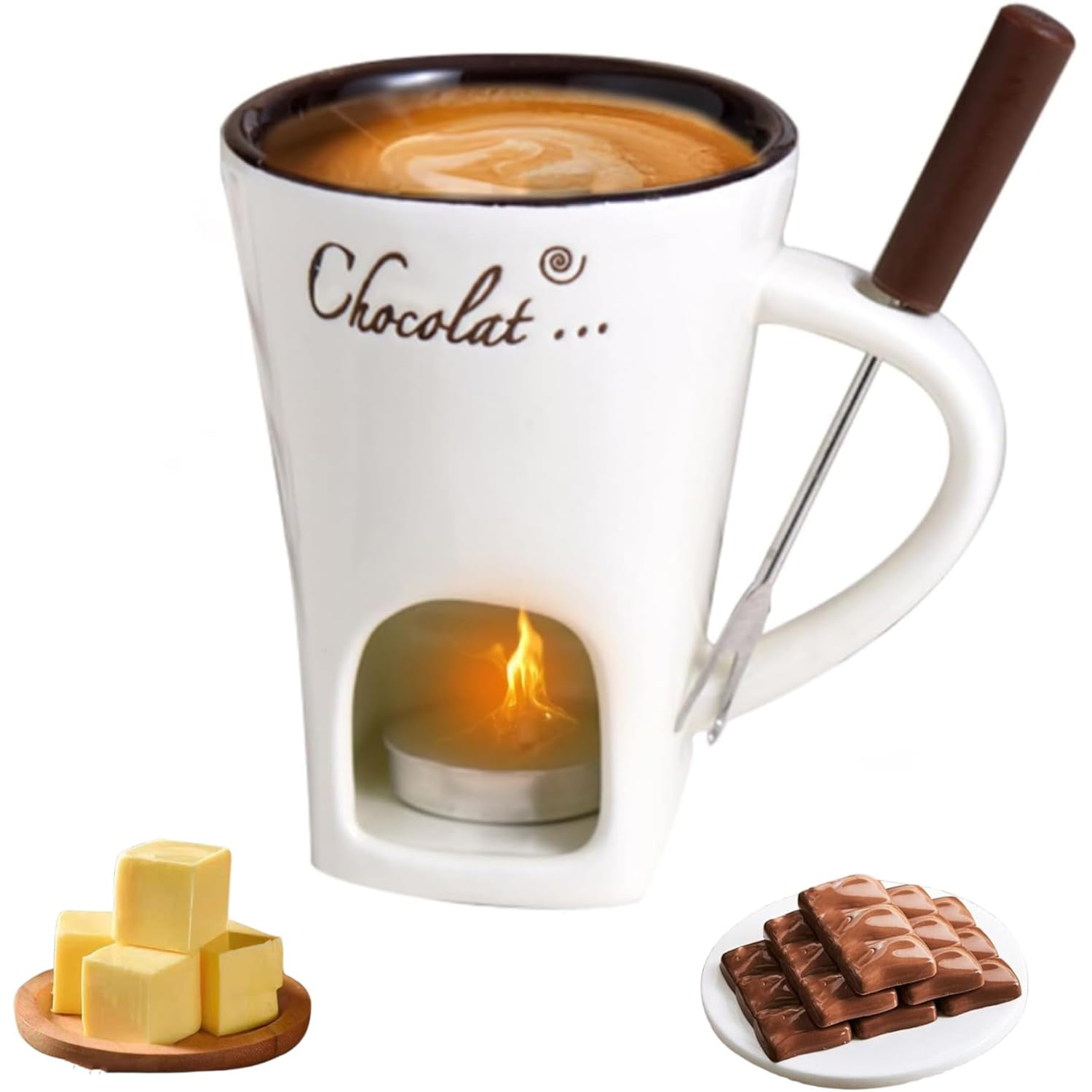 🍫🎁 Chocolate Fondue Mug Set – Perfect Gift for Holidays & Special Occasions, Includes Mini Ceramic Cup, Forks & Candle
