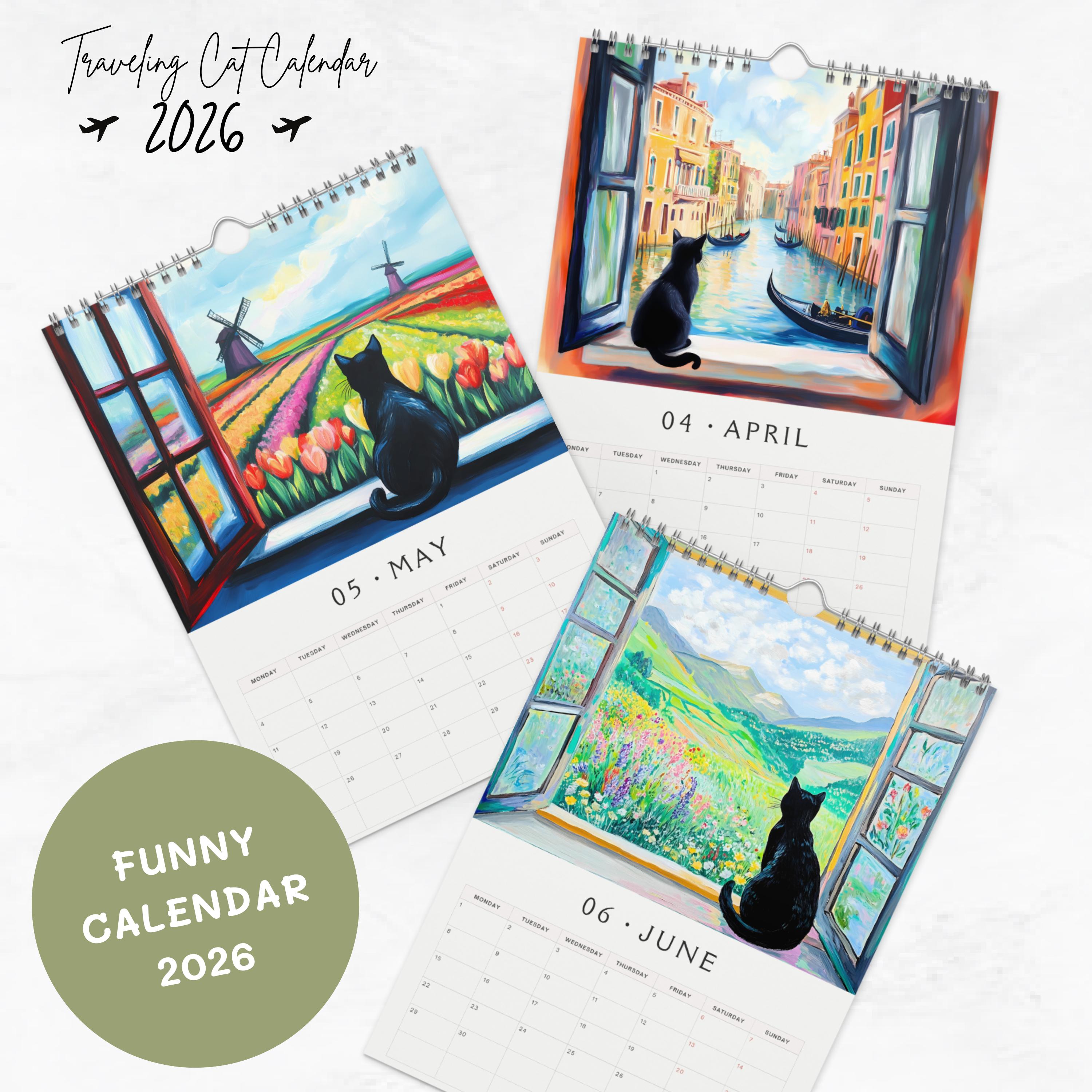 🎁2026 Funny Traveling Black Cat Calendar - Perfect Gift for Holidays & Special Occasions!🐱