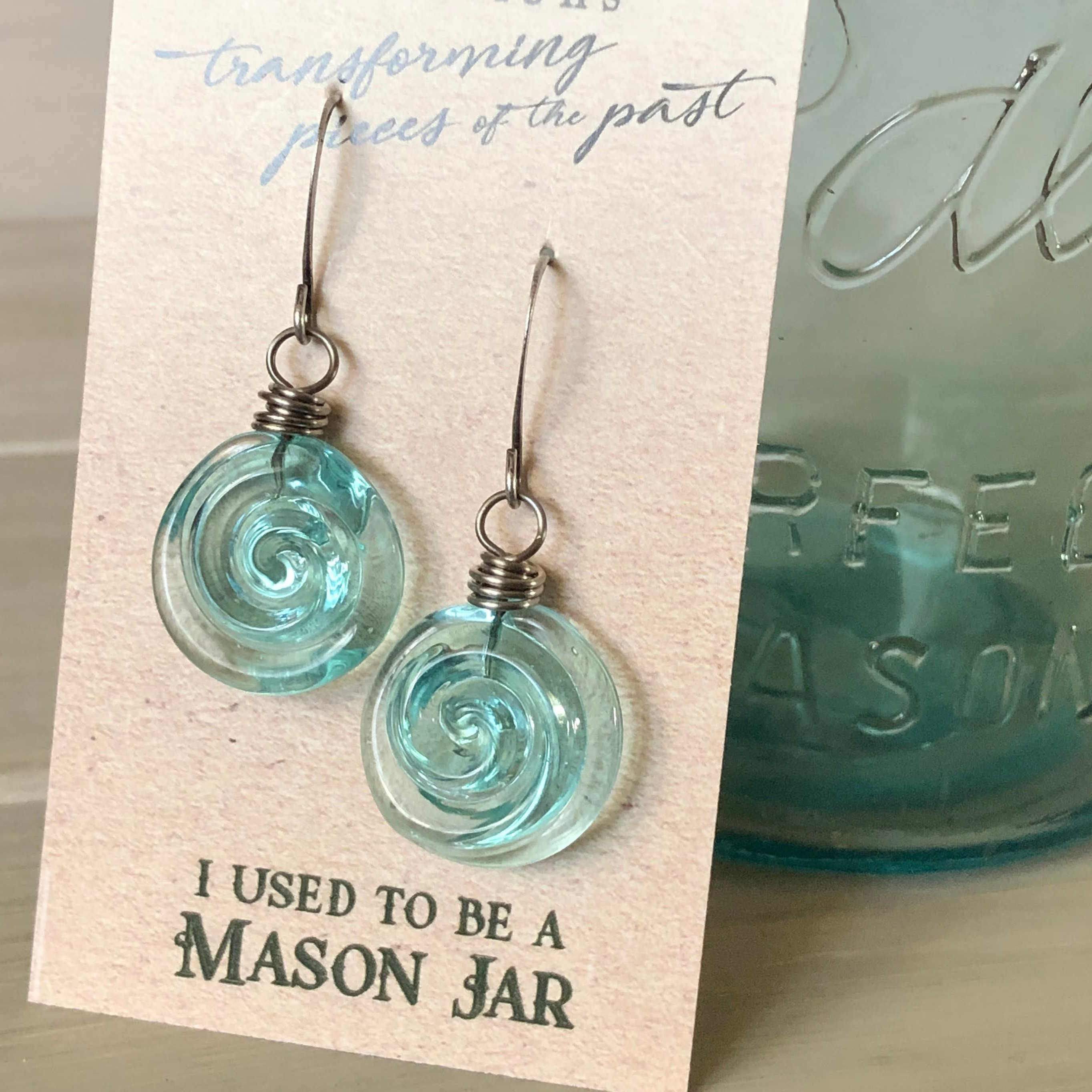✨ Recycled Glass Spiral Earrings: Upcycled Mason Jar Dangles – Perfect Holiday & Special Occasion Gift! 🎁