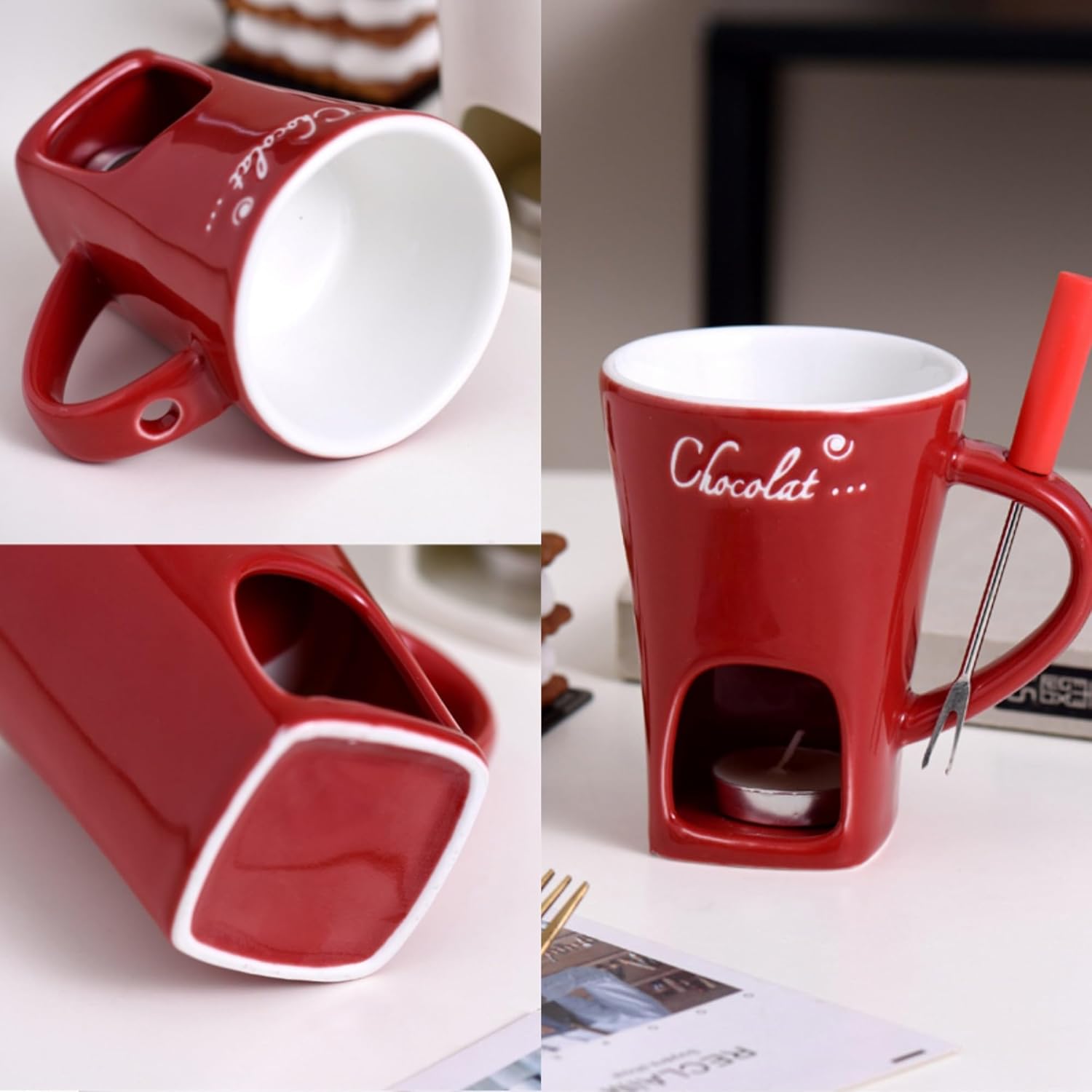 🍫🎁 Chocolate Fondue Mug Set – Perfect Gift for Holidays & Special Occasions, Includes Mini Ceramic Cup, Forks & Candle
