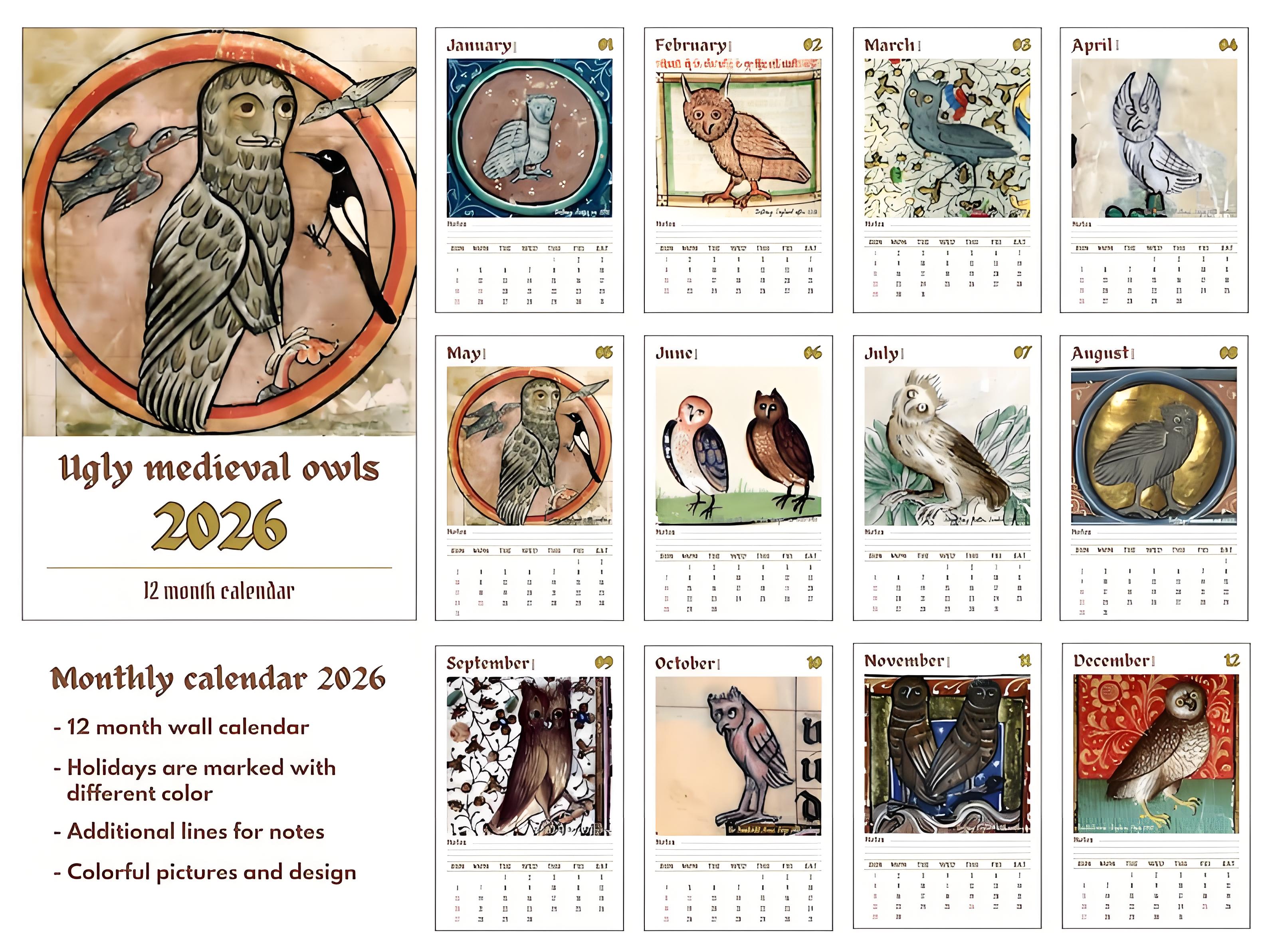 🎁📅 Funny Medieval Owl Calendar 2026 - Perfect Holiday & Special Occasion Gift!