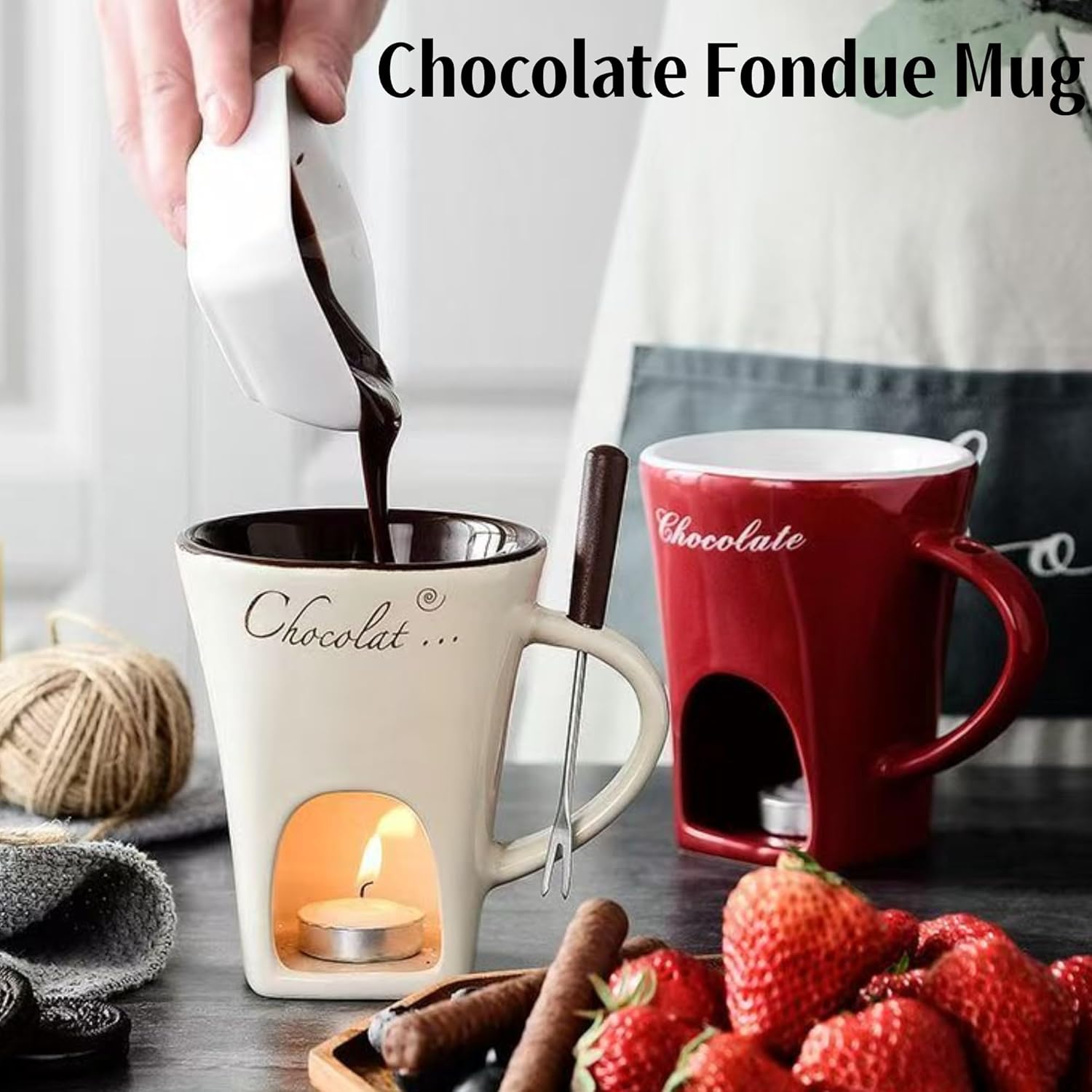 🍫🎁 Chocolate Fondue Mug Set – Perfect Gift for Holidays & Special Occasions, Includes Mini Ceramic Cup, Forks & Candle