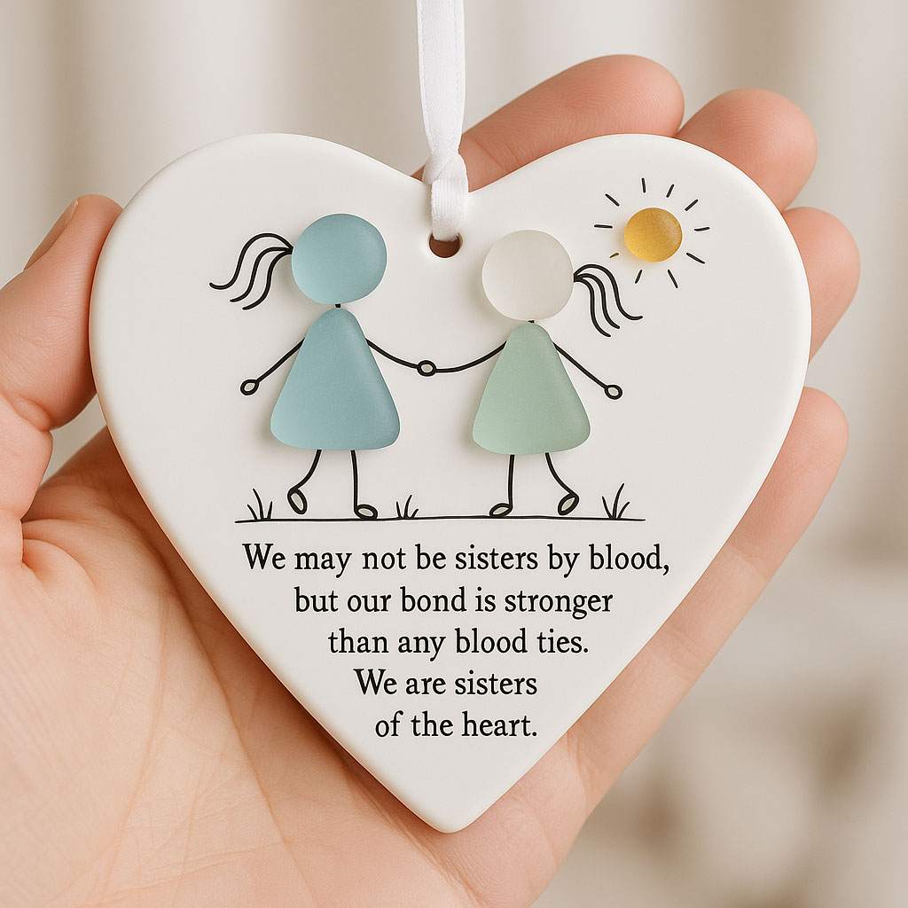 💙👯‍♀️ Heart-Shaped Sisters Sea Glass Ornament – Perfect Gift for Holidays & Special Occasions 🎁💝